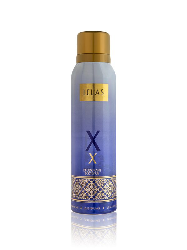 A can of LELAS X-X Deodorant Mousse in a metallic blue bottle with a gold cap and gold decorative pattern near the bottom, shown on a white background with a reflection.