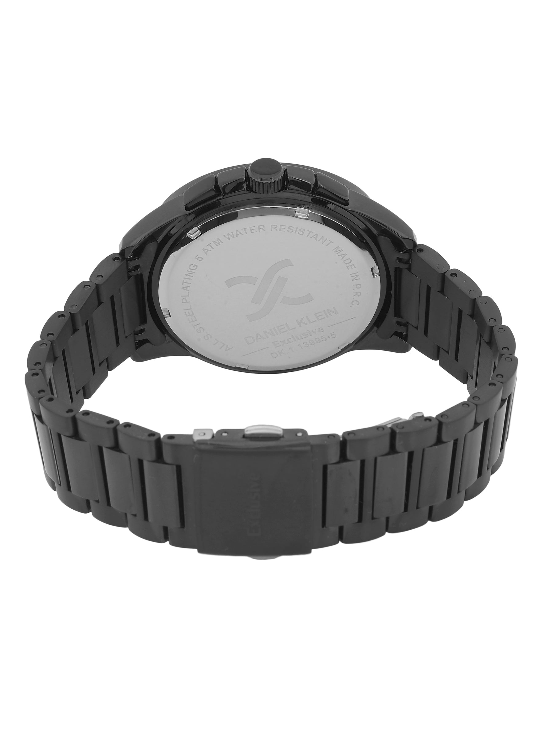 Black wristwatch with a metallic band on a white background
