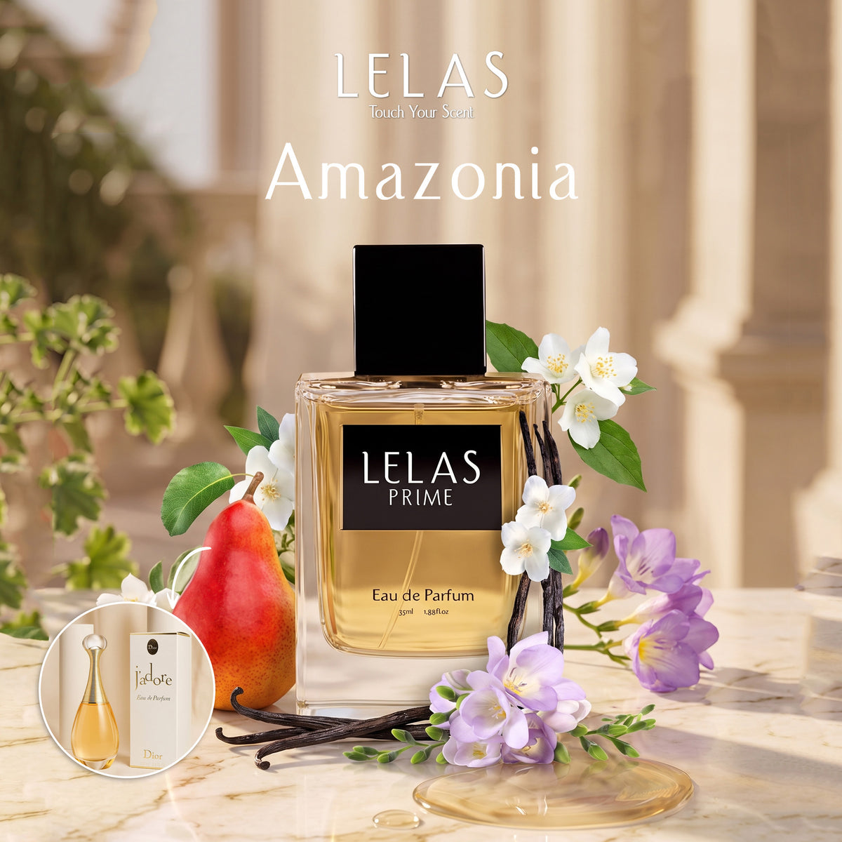 A bottle of LELAS Prime Eau de Parfum labeled Amazonia, styled with white jasmine flowers, purple orchids, vanilla beans, and a pear on a marble surface. A circular inset shows the perfume bottle and box.