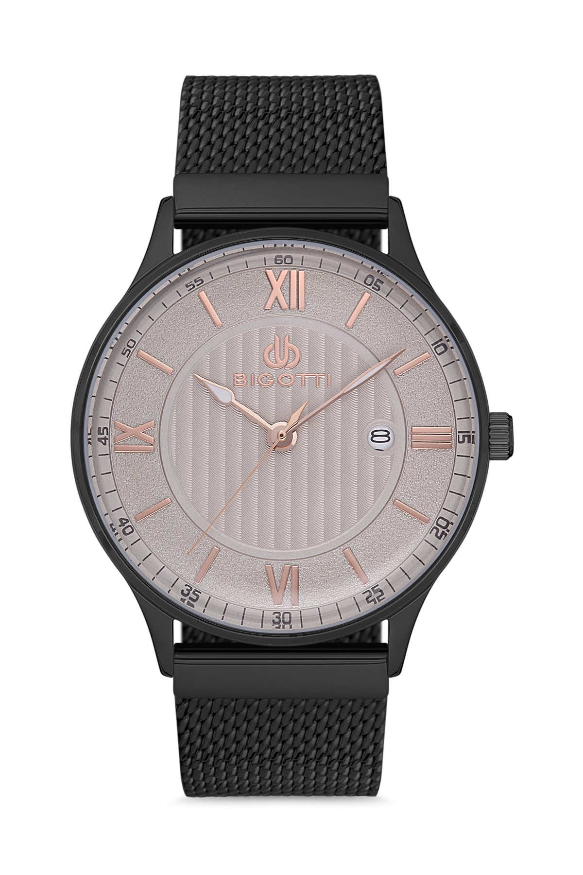 Black watch with a gray face and rose gold accents on a white background