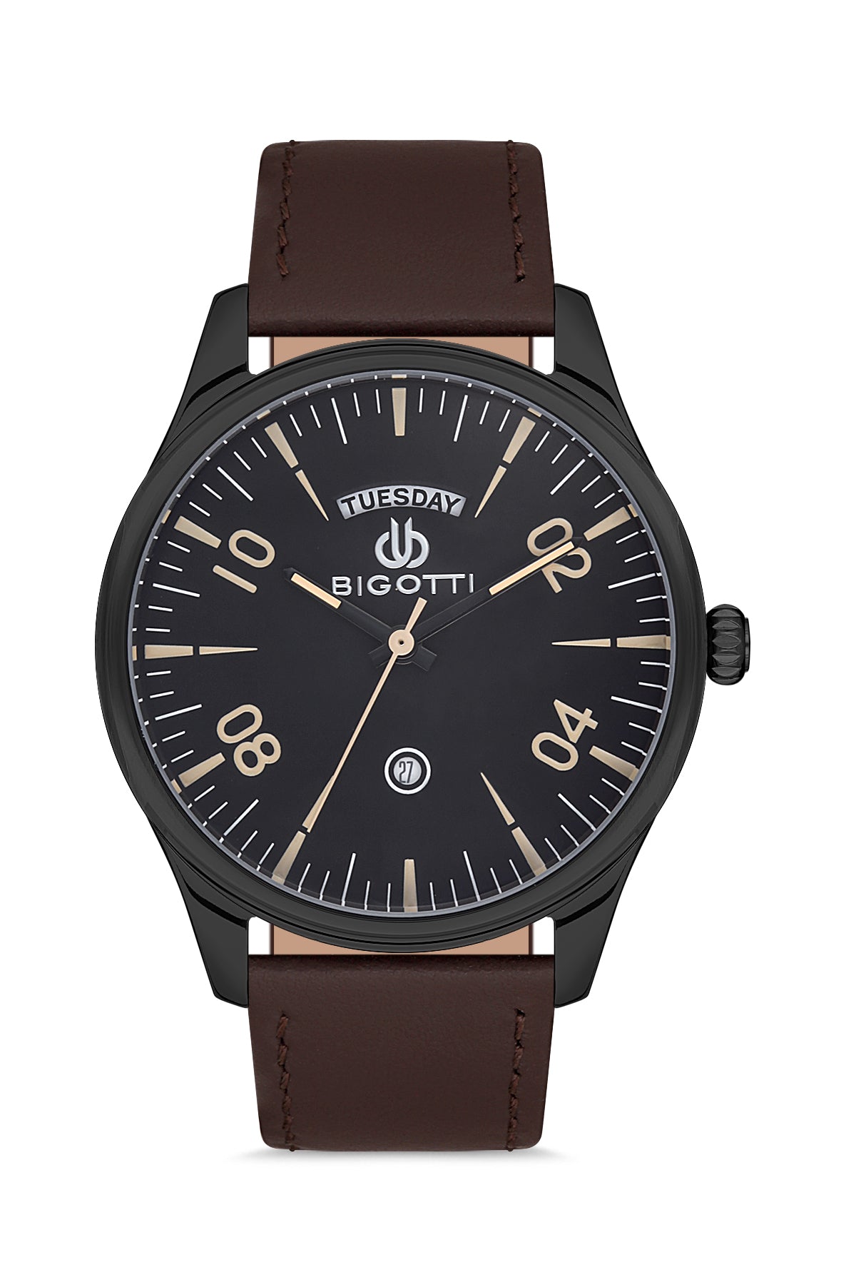 A Bigotti wristwatch with a black round case, black dial with gold-tone indices and hands, and a dark brown leather strap, shown against a plain white background.