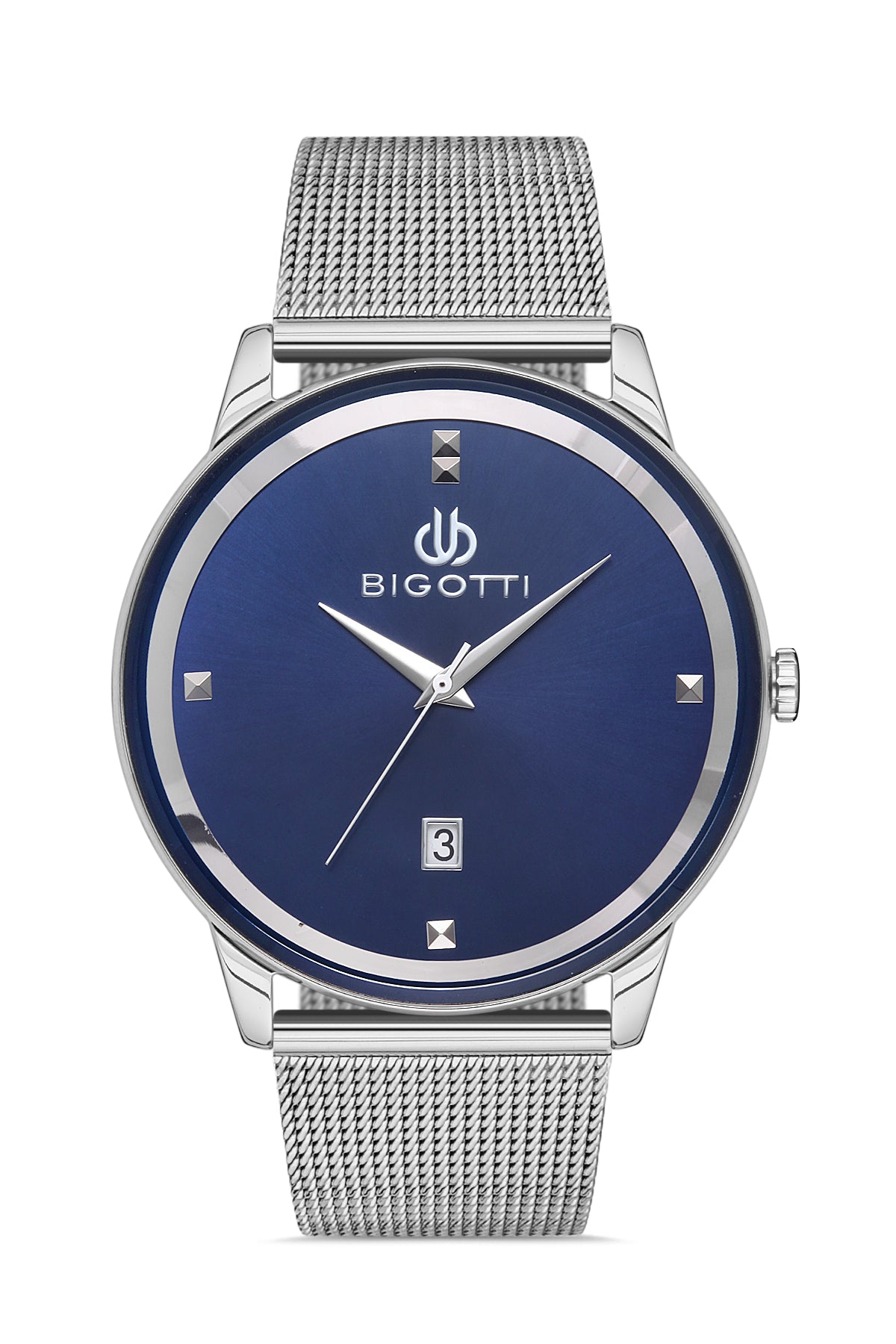 Silver watch with blue face and mesh band on a white background