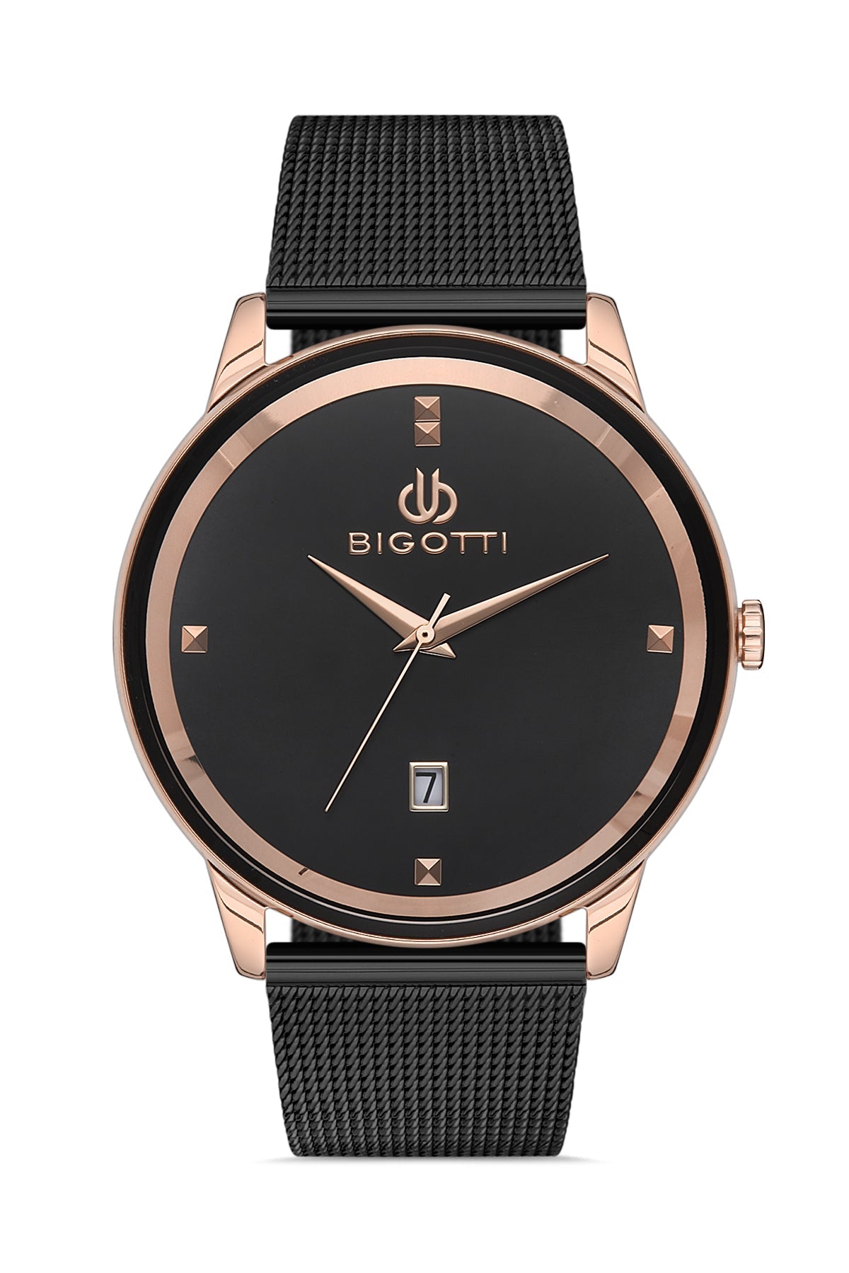 Black and rose gold watch with 'BIGOTTI' branding on a white background