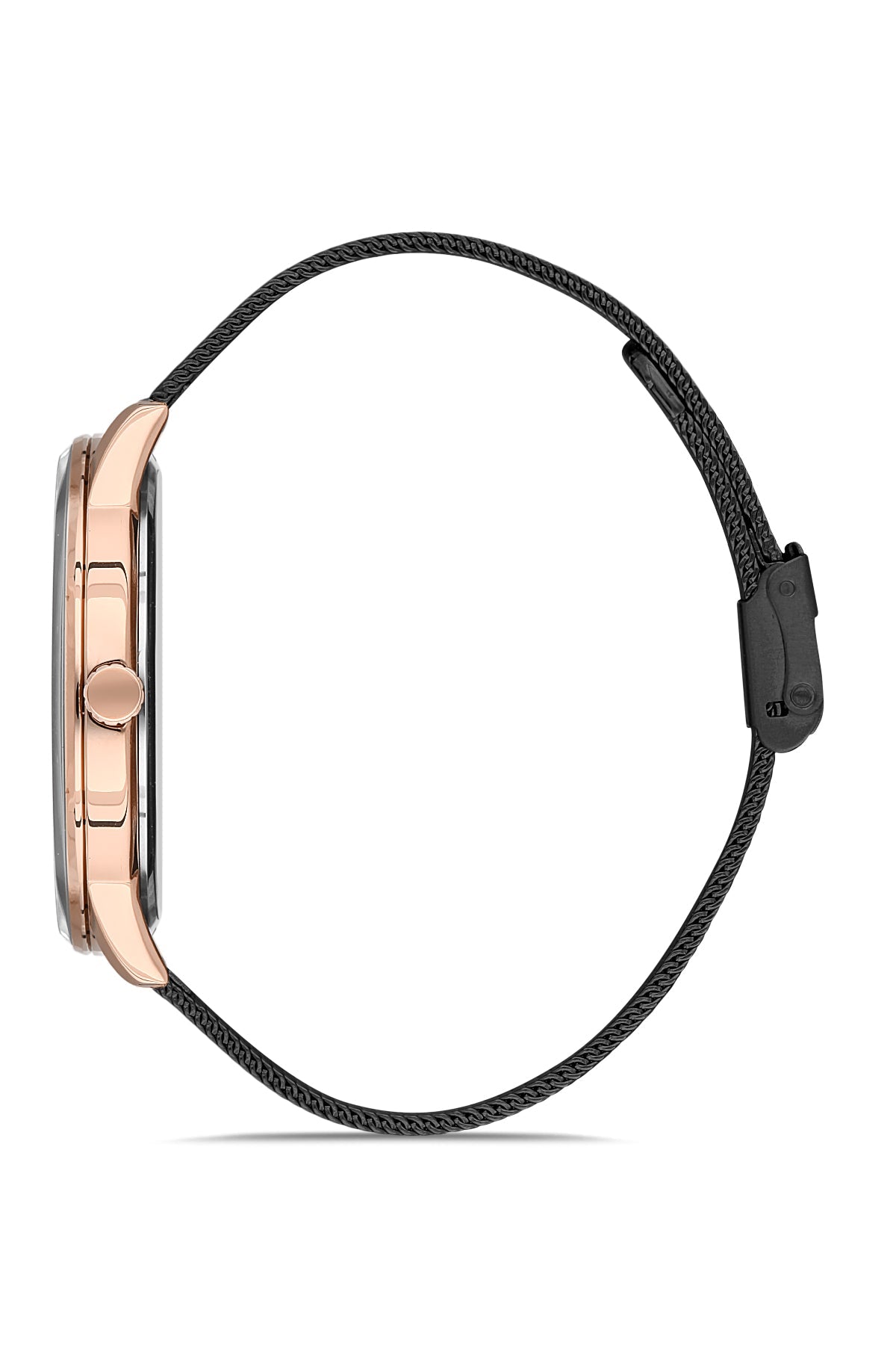 Rose gold watch with black strap on a white background