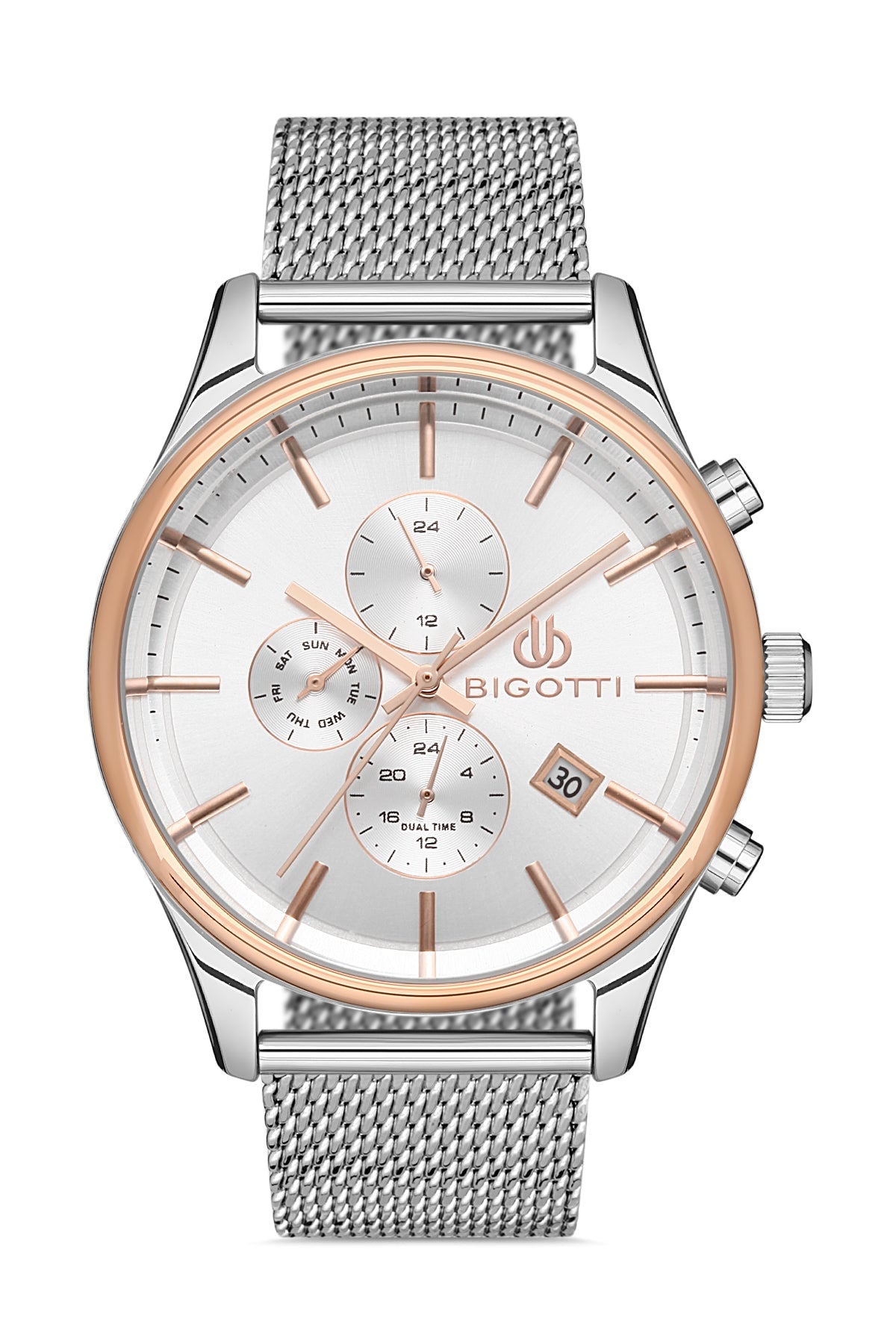 Silver and rose gold watch with mesh band on a white background