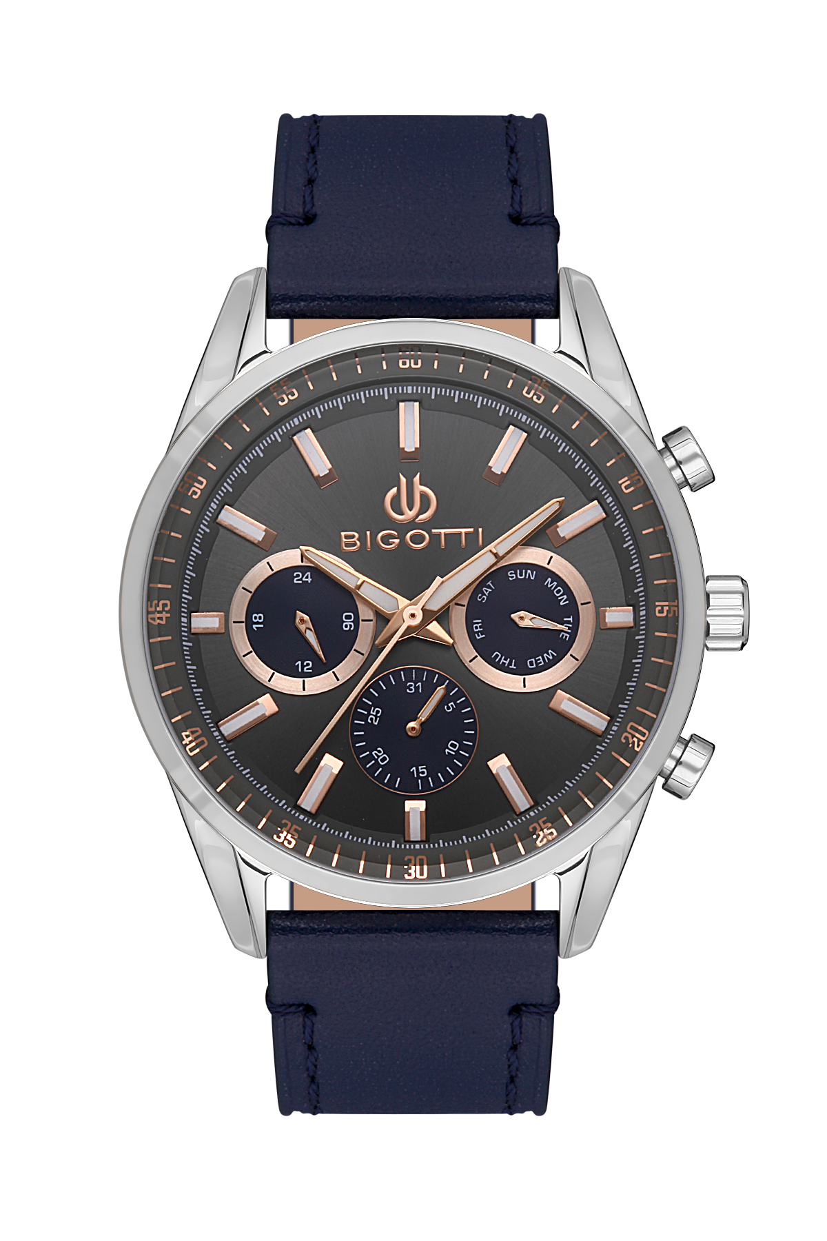 Bigotti watch with blue strap and black dial on a white background