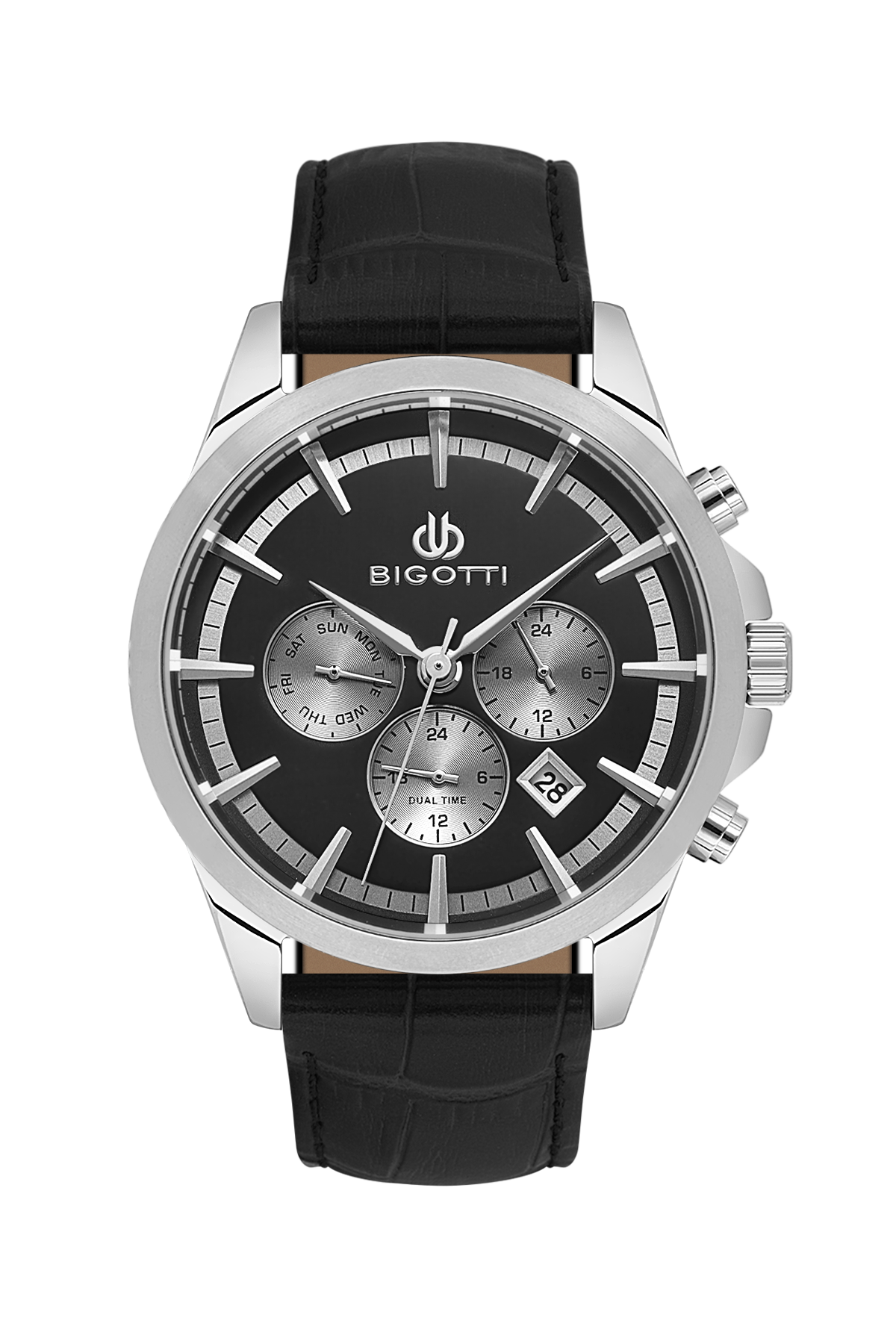 Bigotti watch with black leather strap and silver case on a white background