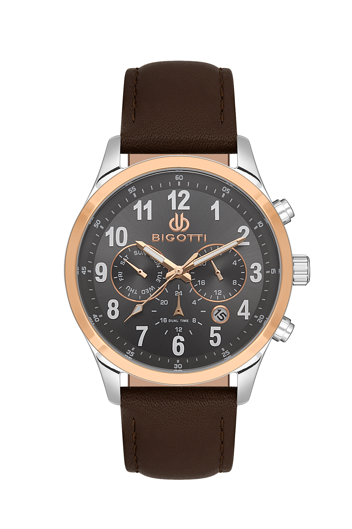 Bigotti men's analog watch featuring a dark gray dial with three subdials, a silver-tone stainless steel case with a rose gold-tone bezel, and a brown leather strap.