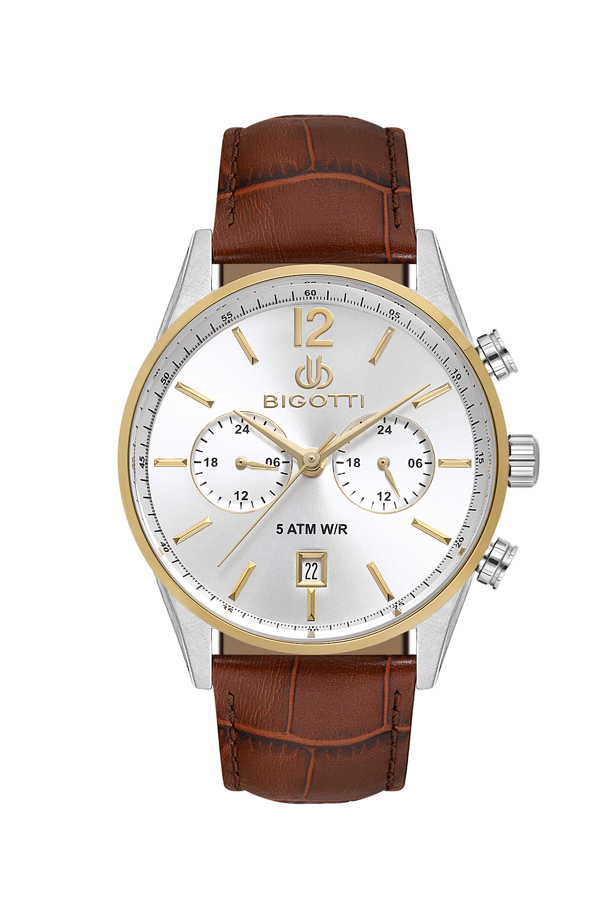 Bigottti watch with brown leather strap and silver case on white background