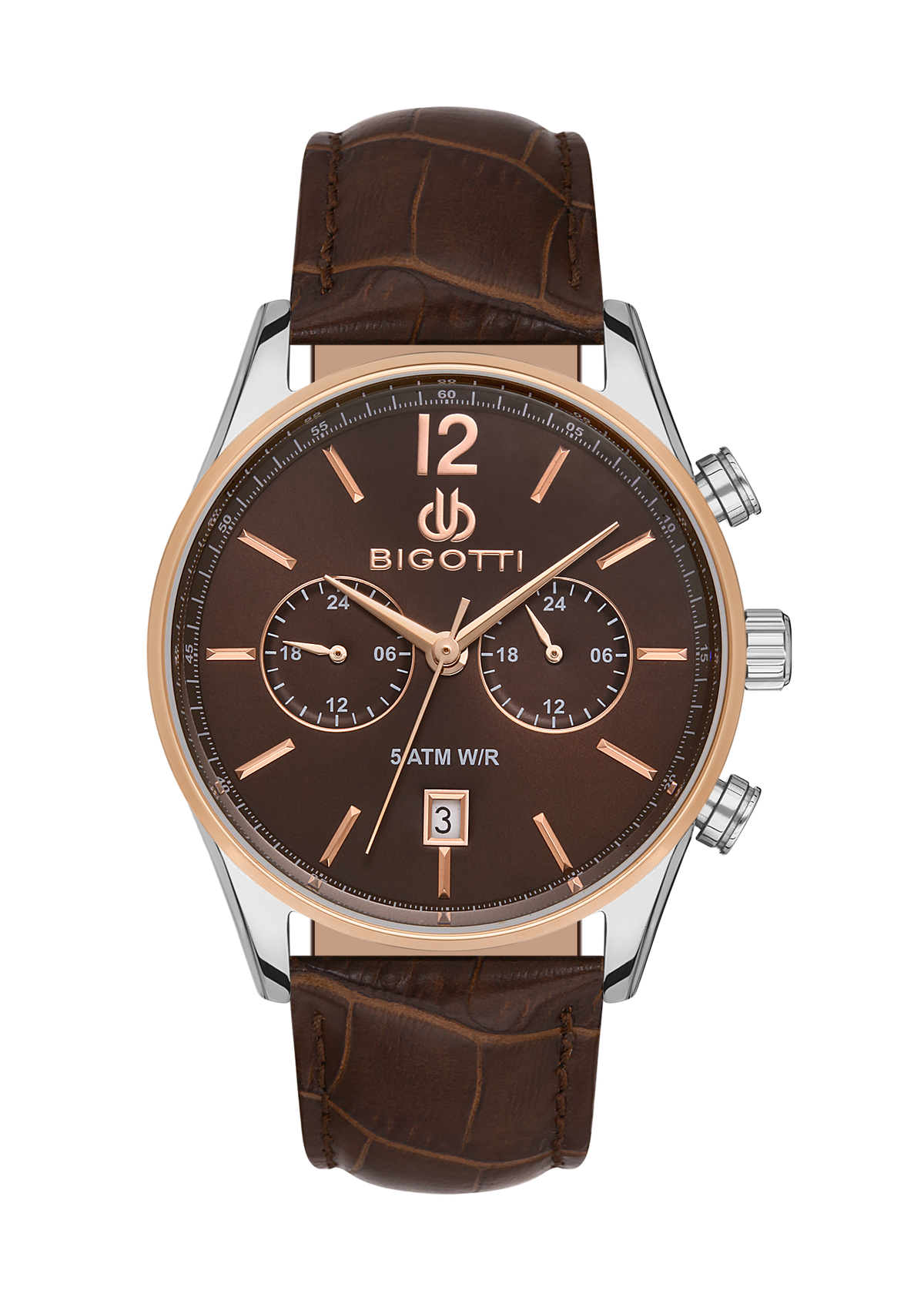 Bigotti men's watch featuring a brown dial, brown leather strap, and a two-tone silver and rose gold case, shown against a solid white background.