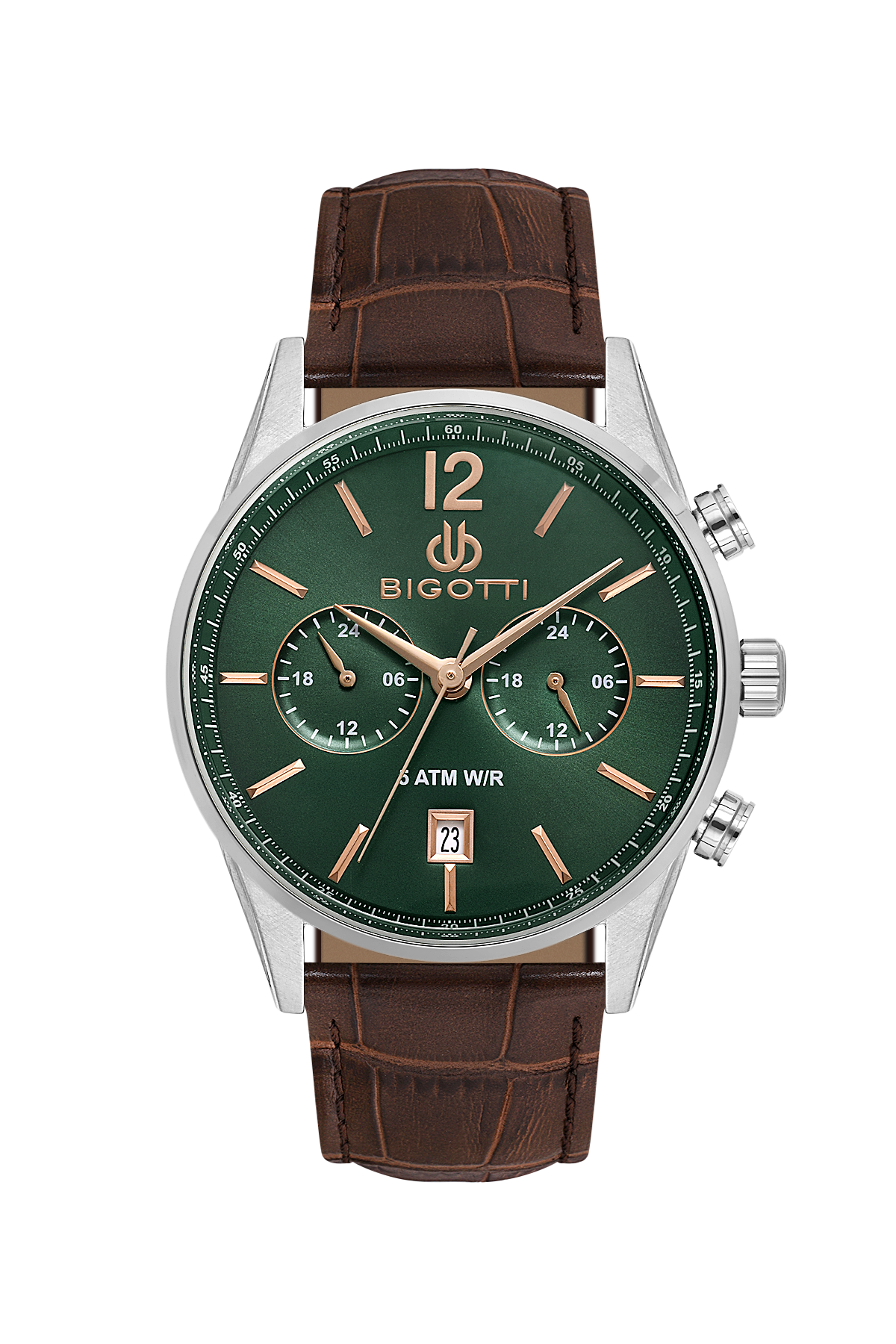 Bigotti watch with green dial and brown leather strap on a white background