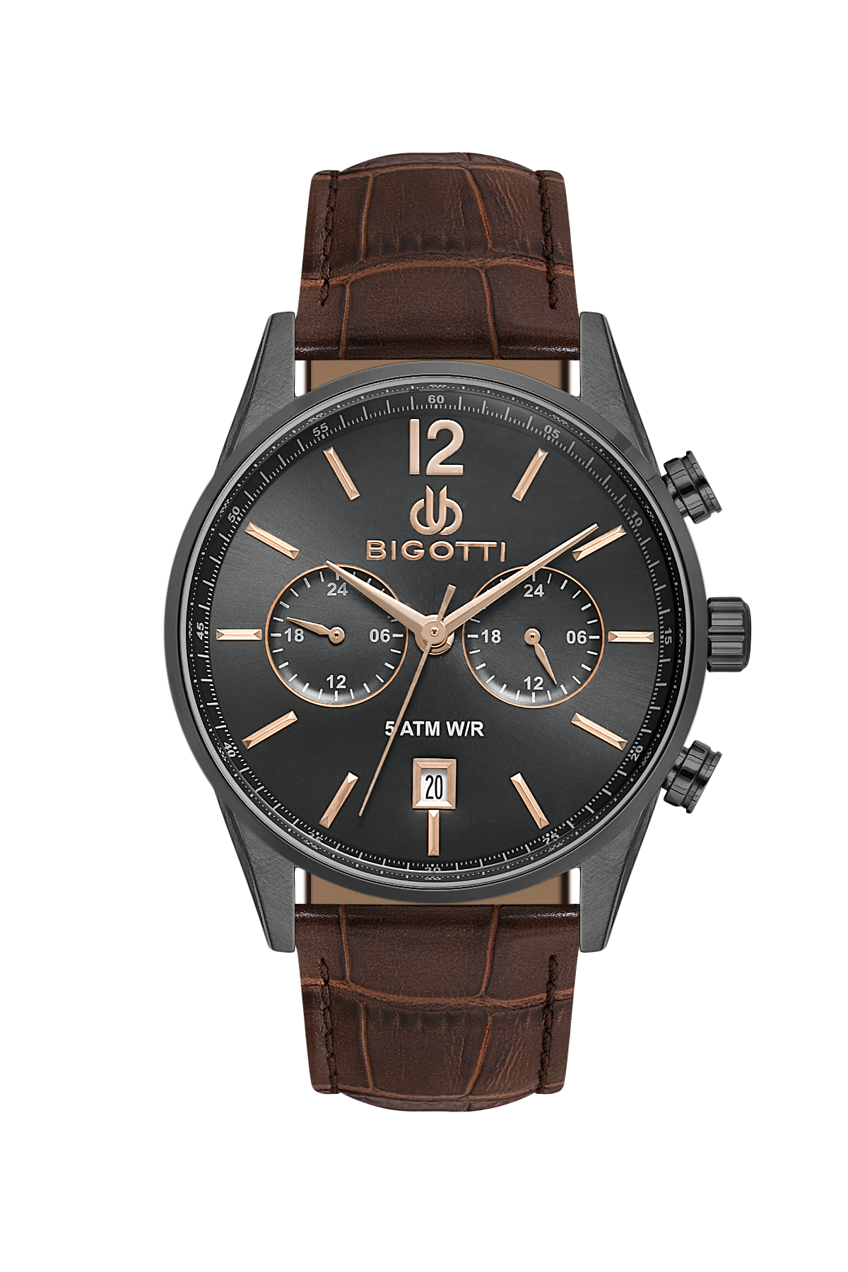 Bigotti watch with brown leather strap and black dial on a white background