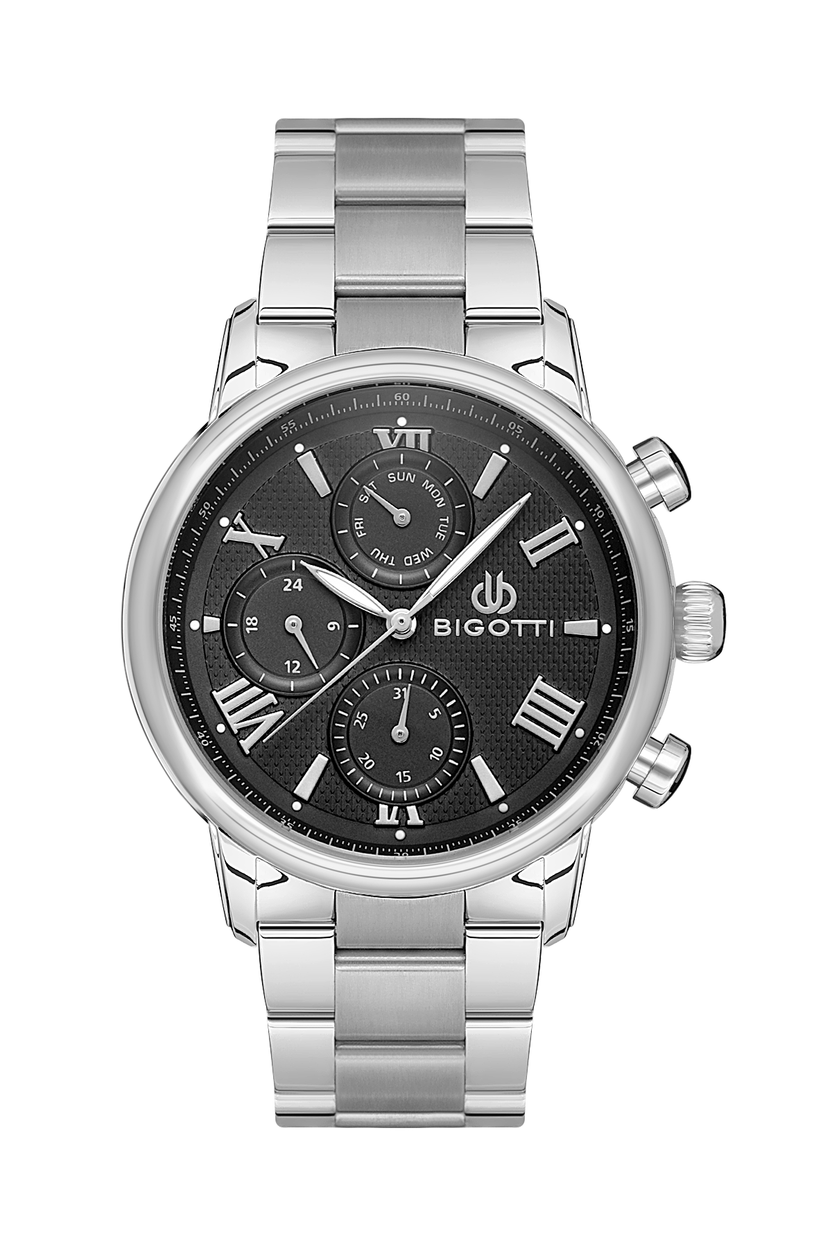 Silver watch with black dial on a white background