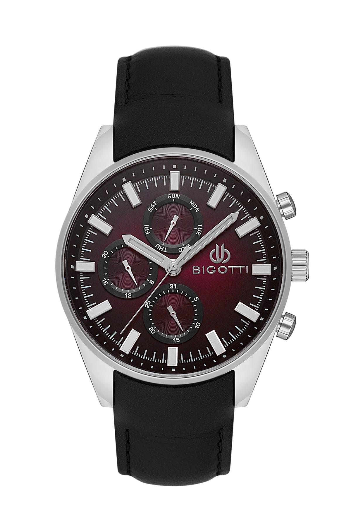 Bigotti watch with black strap and red face on a white background