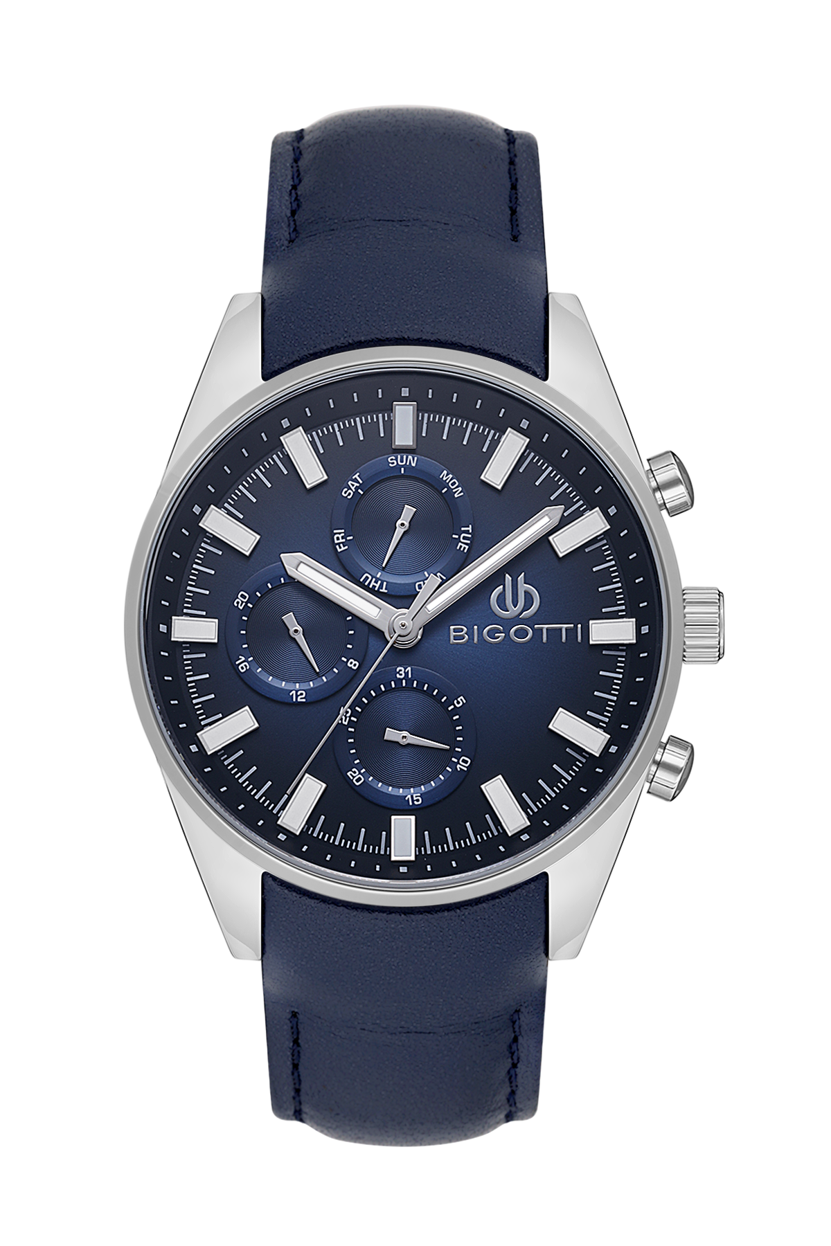 A Bigotti men's chronograph watch featuring a silver stainless steel case, a dark blue dial with silver and white details, and a matching dark blue leather strap, shown against a plain white background.