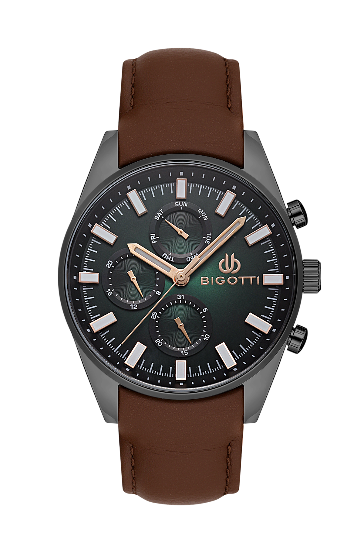 Bigottti watch with brown leather strap and black dial on a white background