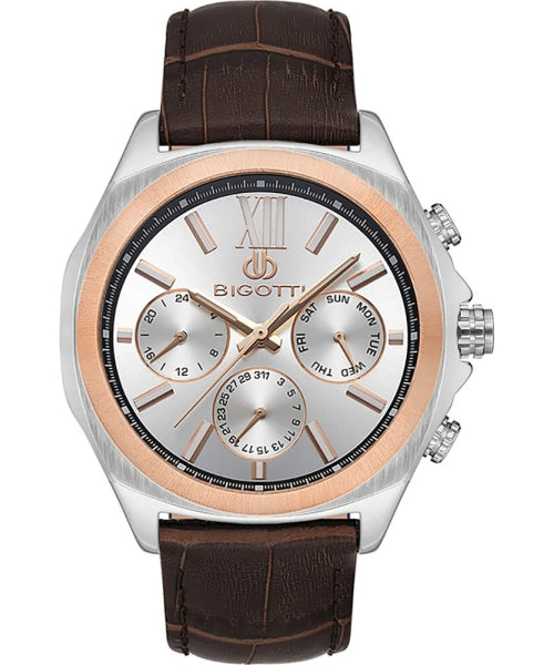 Bigotti men's chronograph watch featuring a silver dial, a rose gold inner bezel, and a brown leather strap with an alligator pattern.