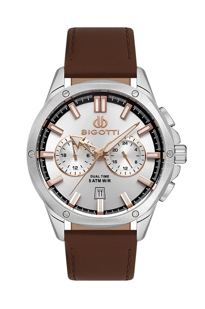 A Bigotti men's chronograph watch featuring a silver stainless steel case, a white dial with rose gold accents, and a brown leather strap, shown against a plain white background.