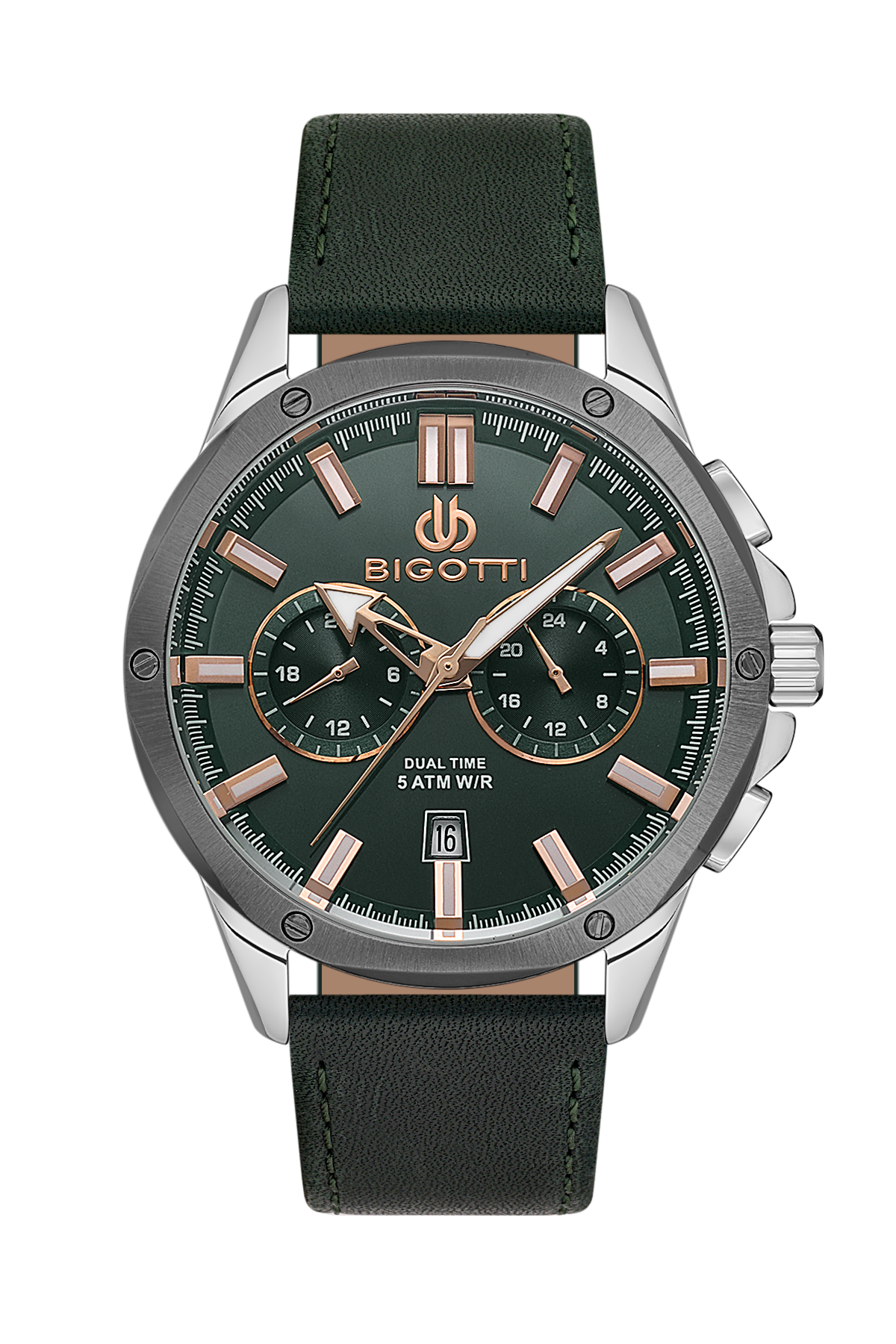 Bigotti men's chronograph watch featuring a dark green dial, a silver stainless steel case, rose gold-tone hands and markers, and a dark green leather strap with a tan inner lining.