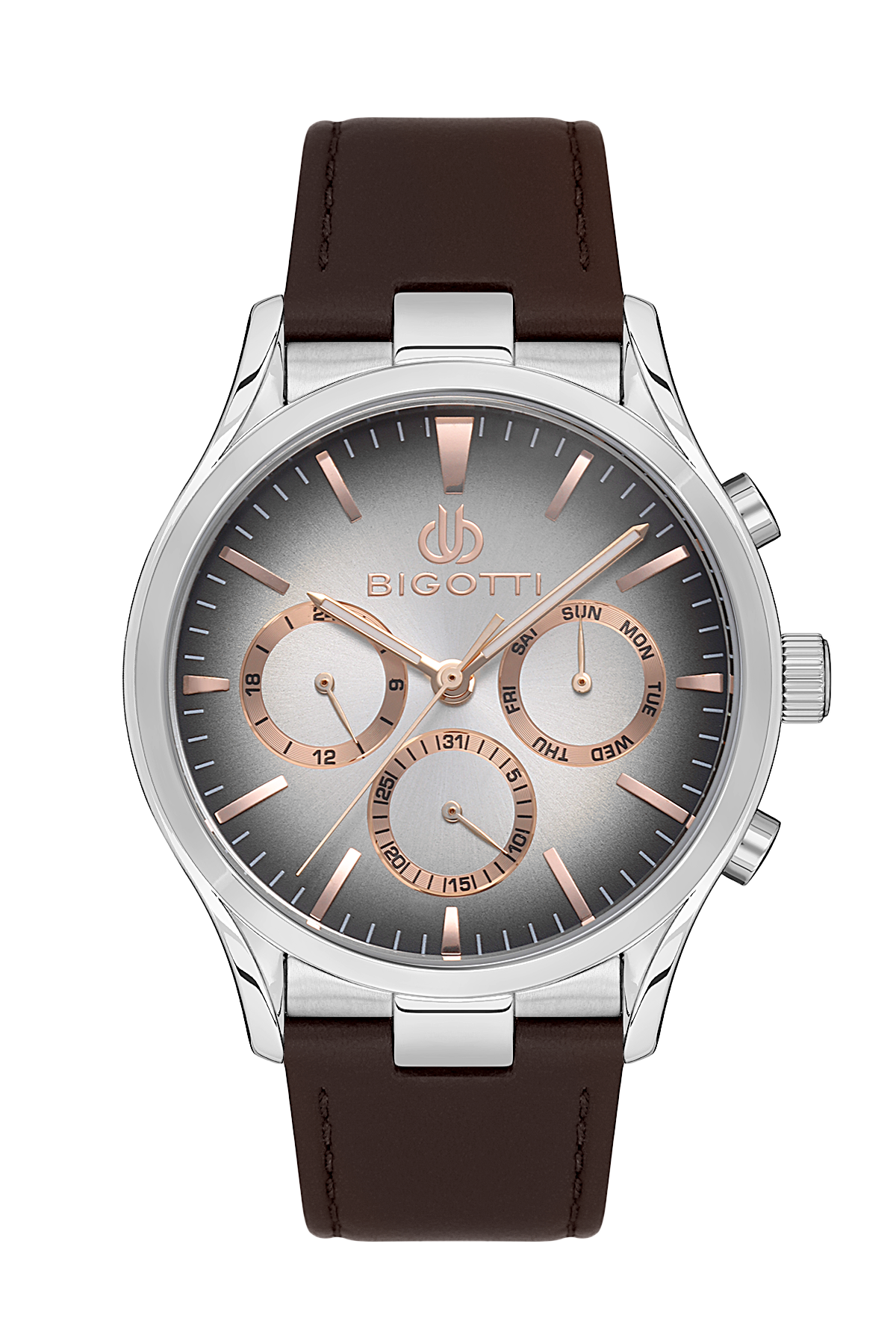 Bigotti men's chronograph watch featuring a silver-tone stainless steel case, a gray dial with rose gold accents, and a dark brown leather strap.