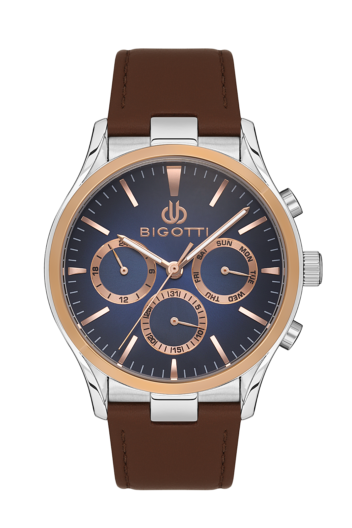 Bigotti men's chronograph watch featuring a brown leather strap, a silver-toned stainless steel case, a rose gold bezel, and a navy blue dial with rose gold subdials and hands.
