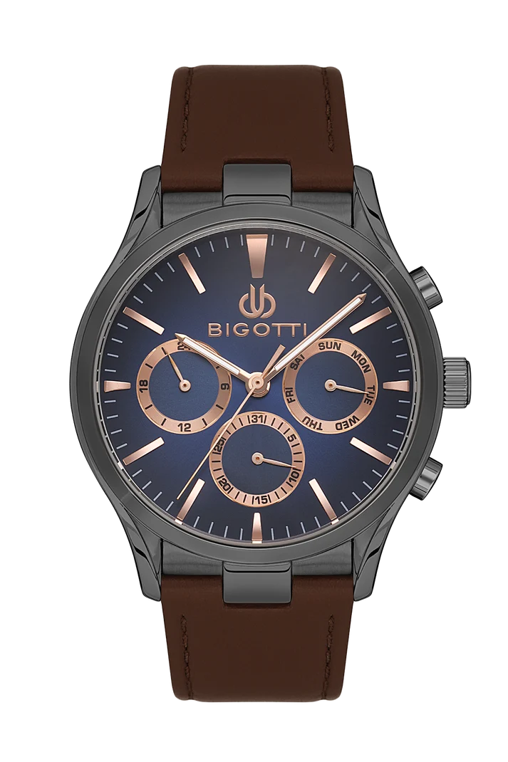 Bigotti men's chronograph watch featuring a dark gray titanium case, a deep blue dial with rose gold accents, and a brown leather strap, shown against a plain white background.