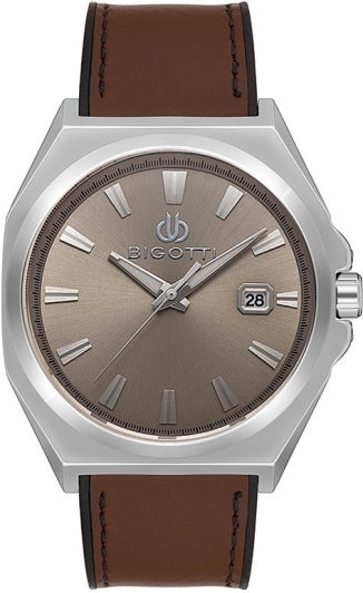 A men's analog watch by Bigott, featuring a silver-tone stainless steel case, a taupe-brown dial, and a brown leather strap with visible stitching.