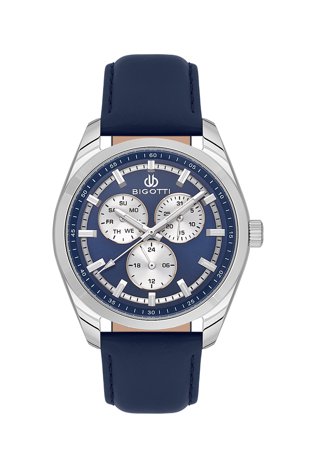 Bigotti watch with blue strap and silver case on a white background