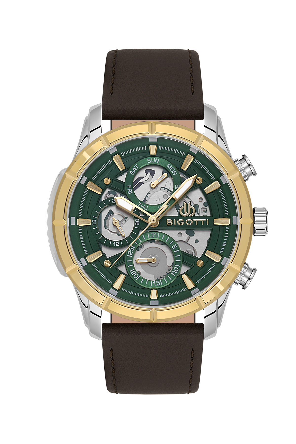 Watch with green face, gold accents, and brown leather strap on white background