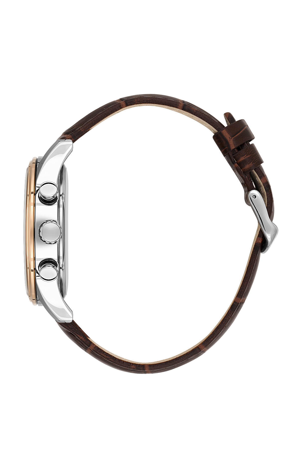 Watch with brown leather strap and silver case on a white background