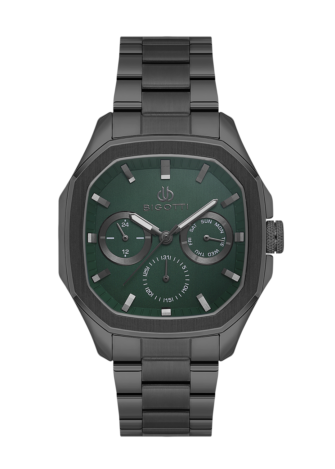 Black wristwatch with a green dial on a white background