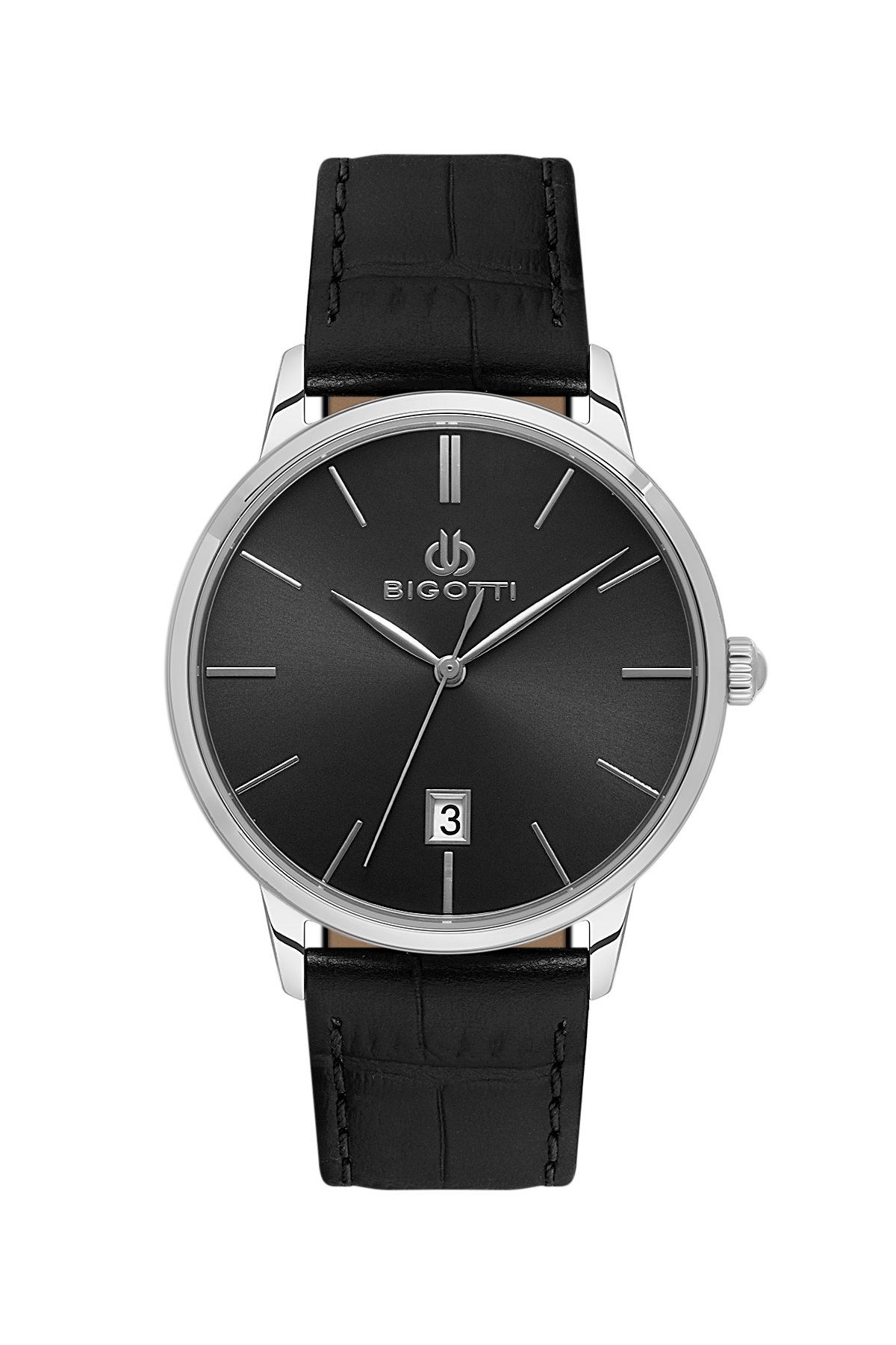 Black wristwatch with silver case and black leather strap on a white background