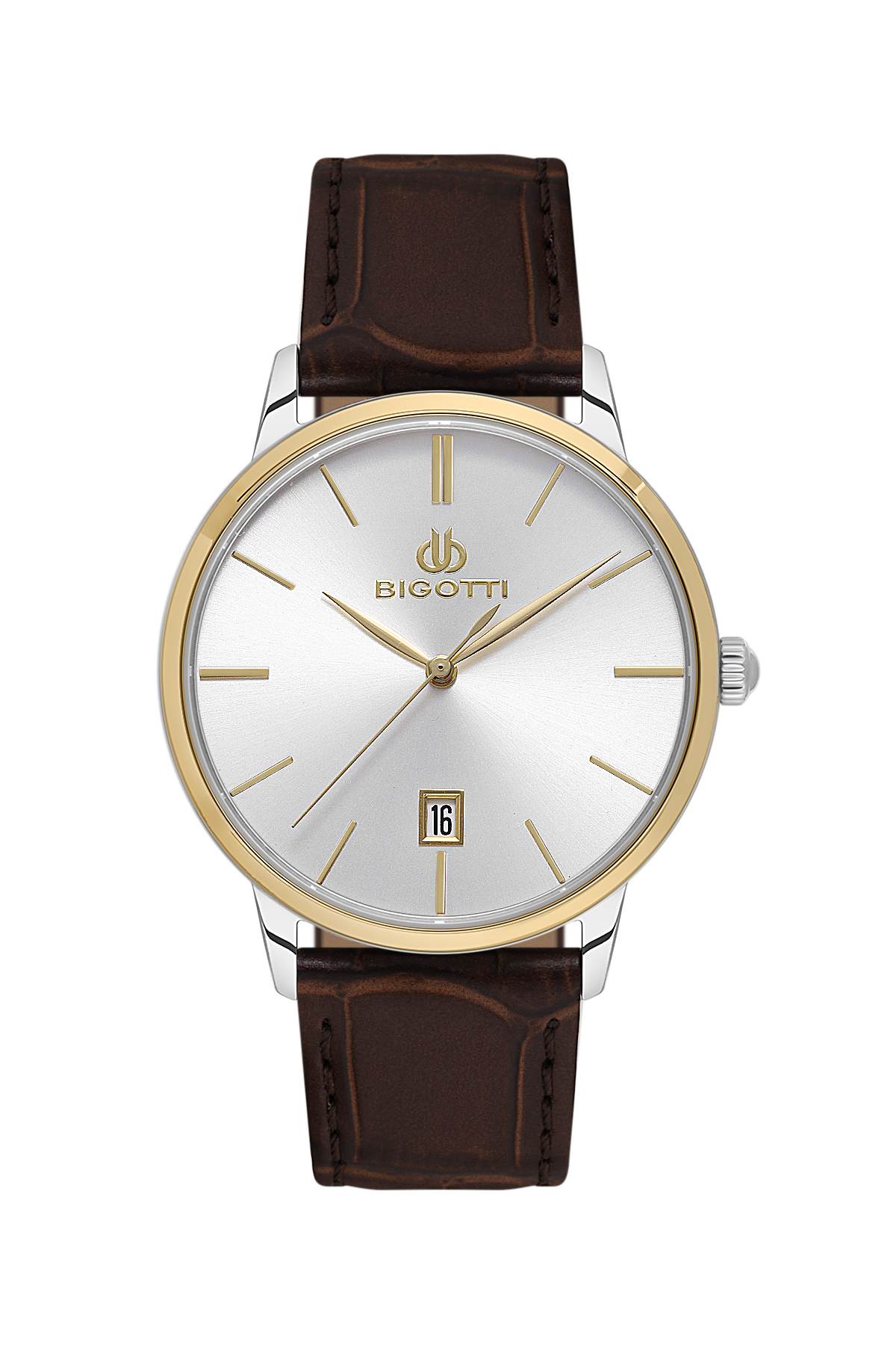 Bigotti watch with brown leather strap and gold accents on a white background