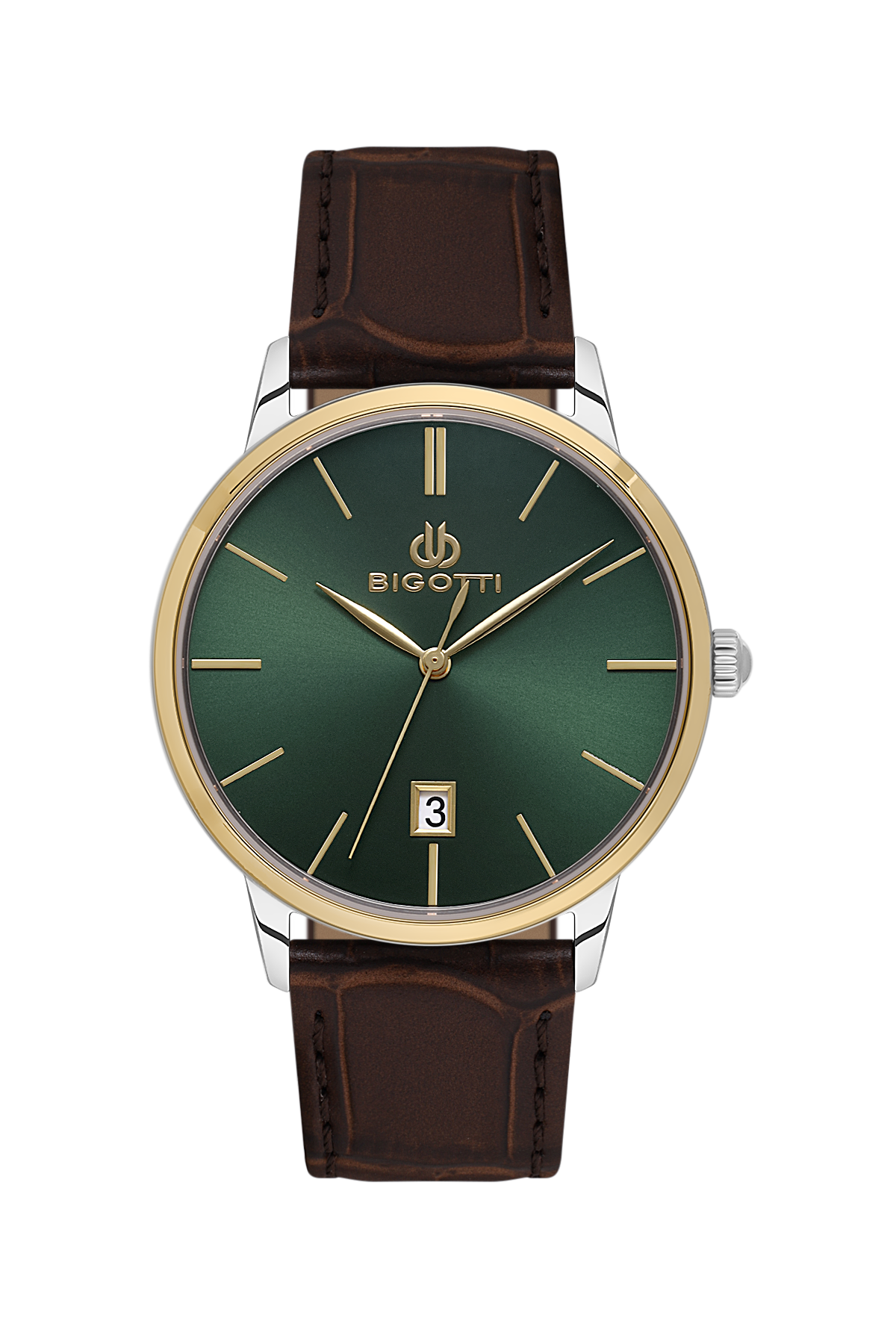 Watch with green dial and brown leather strap on a white background