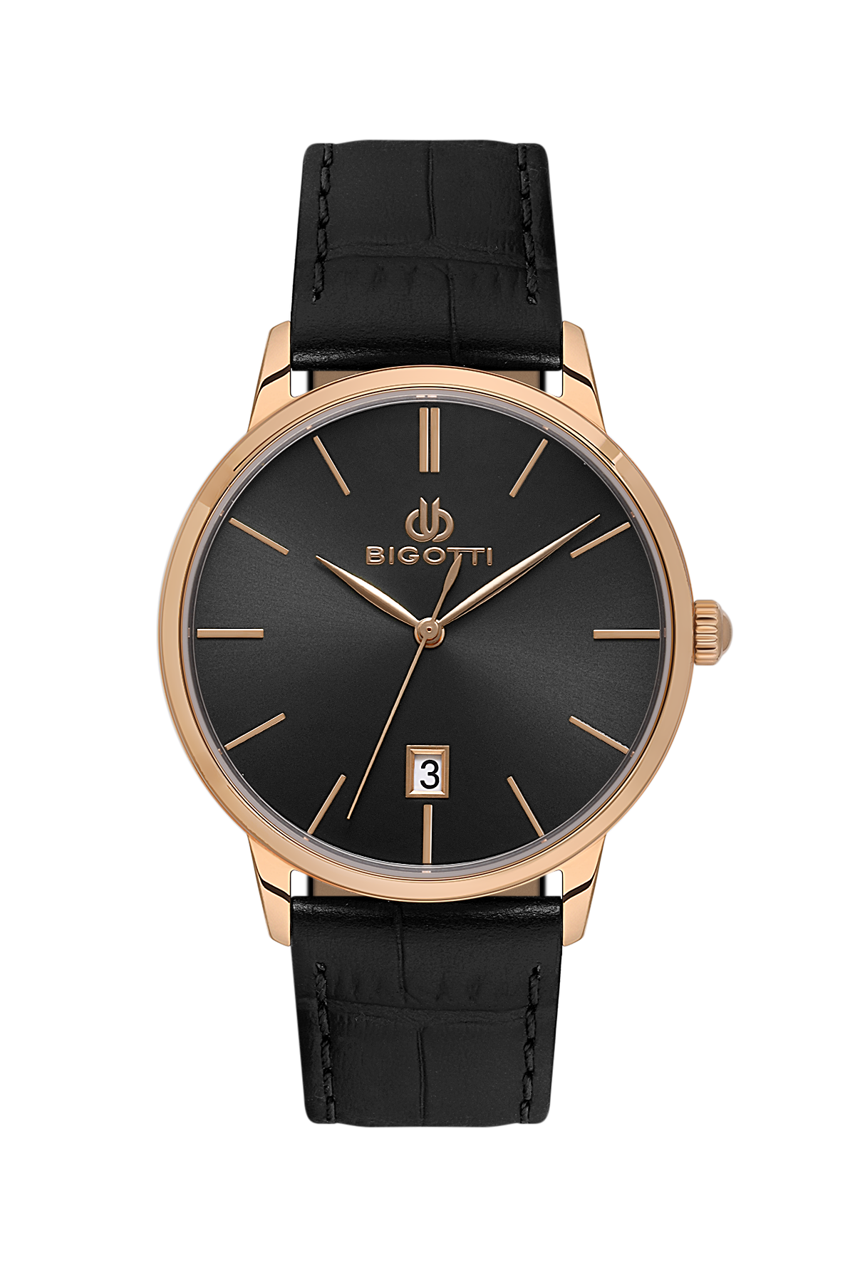 Black watch with rose gold case and strap on a white background