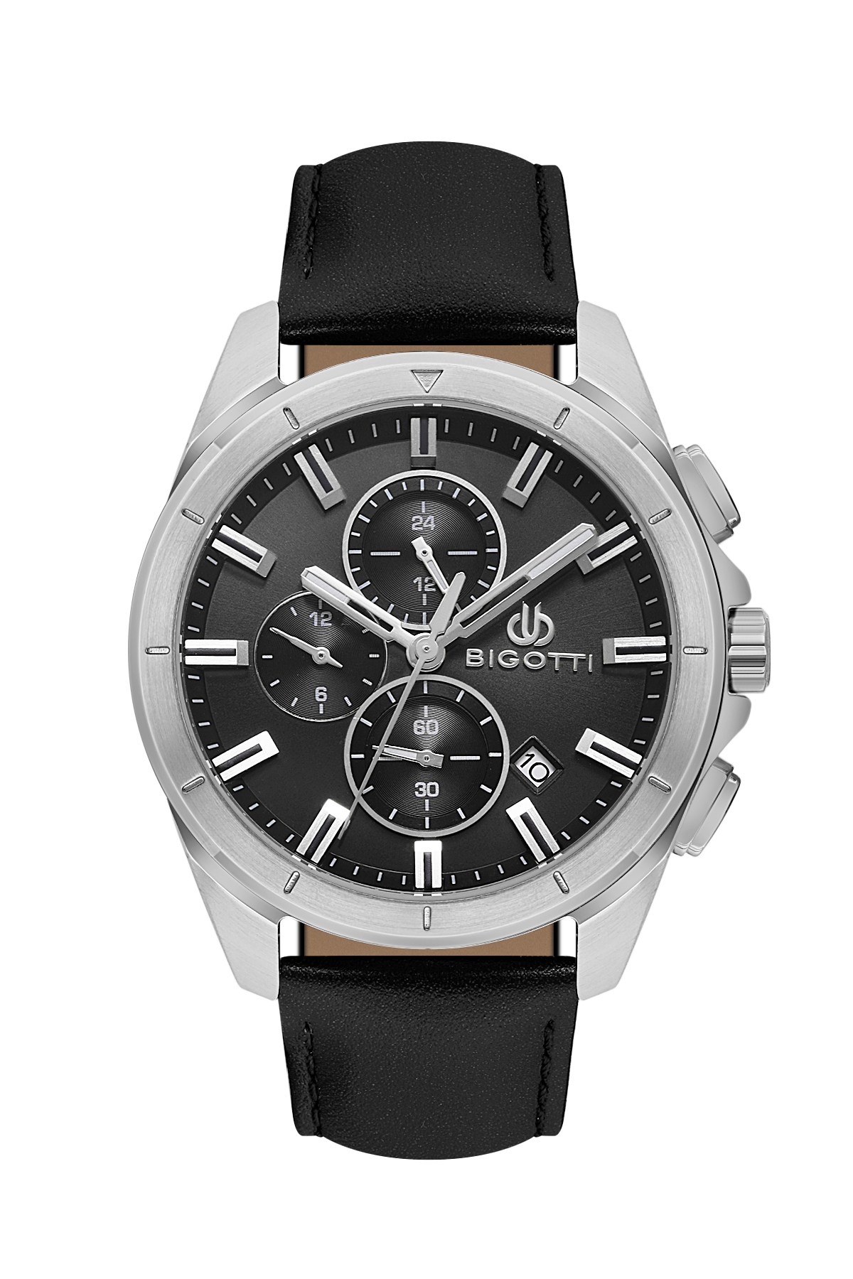 Bigotti watch with black leather strap and black dial on a white background