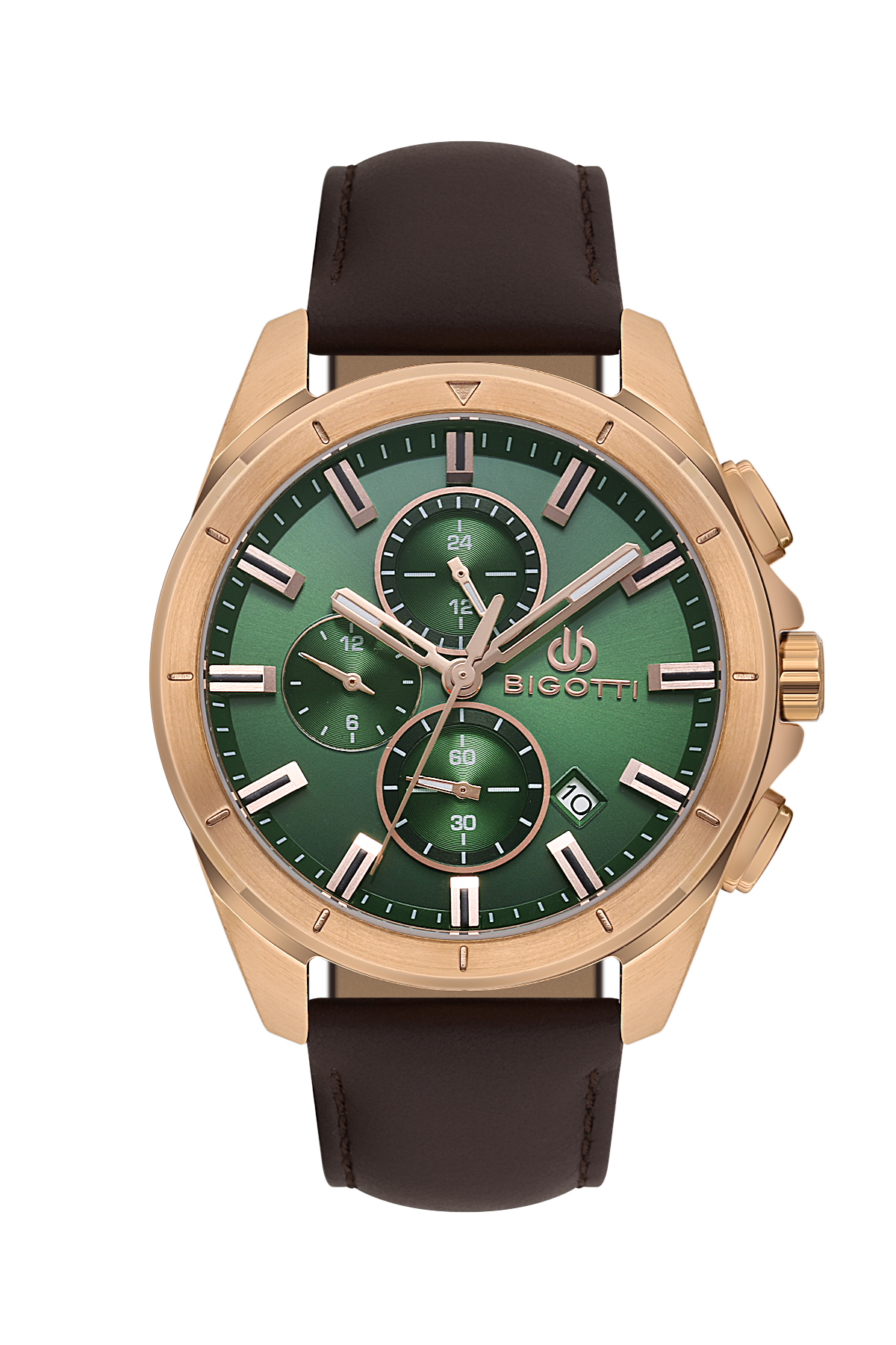 Watch with green dial and brown leather strap on a white background