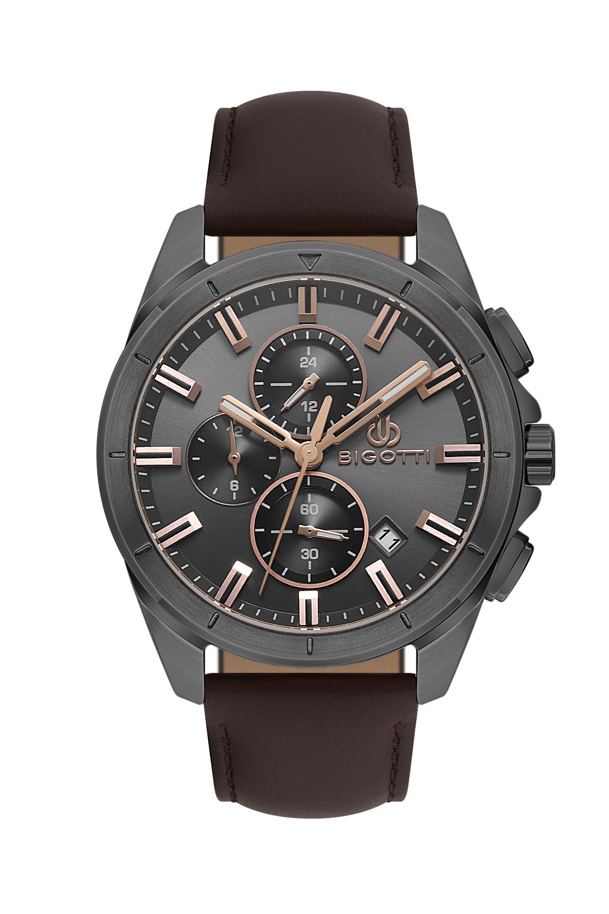 Luxury watch with brown leather strap and detailed face on a white background