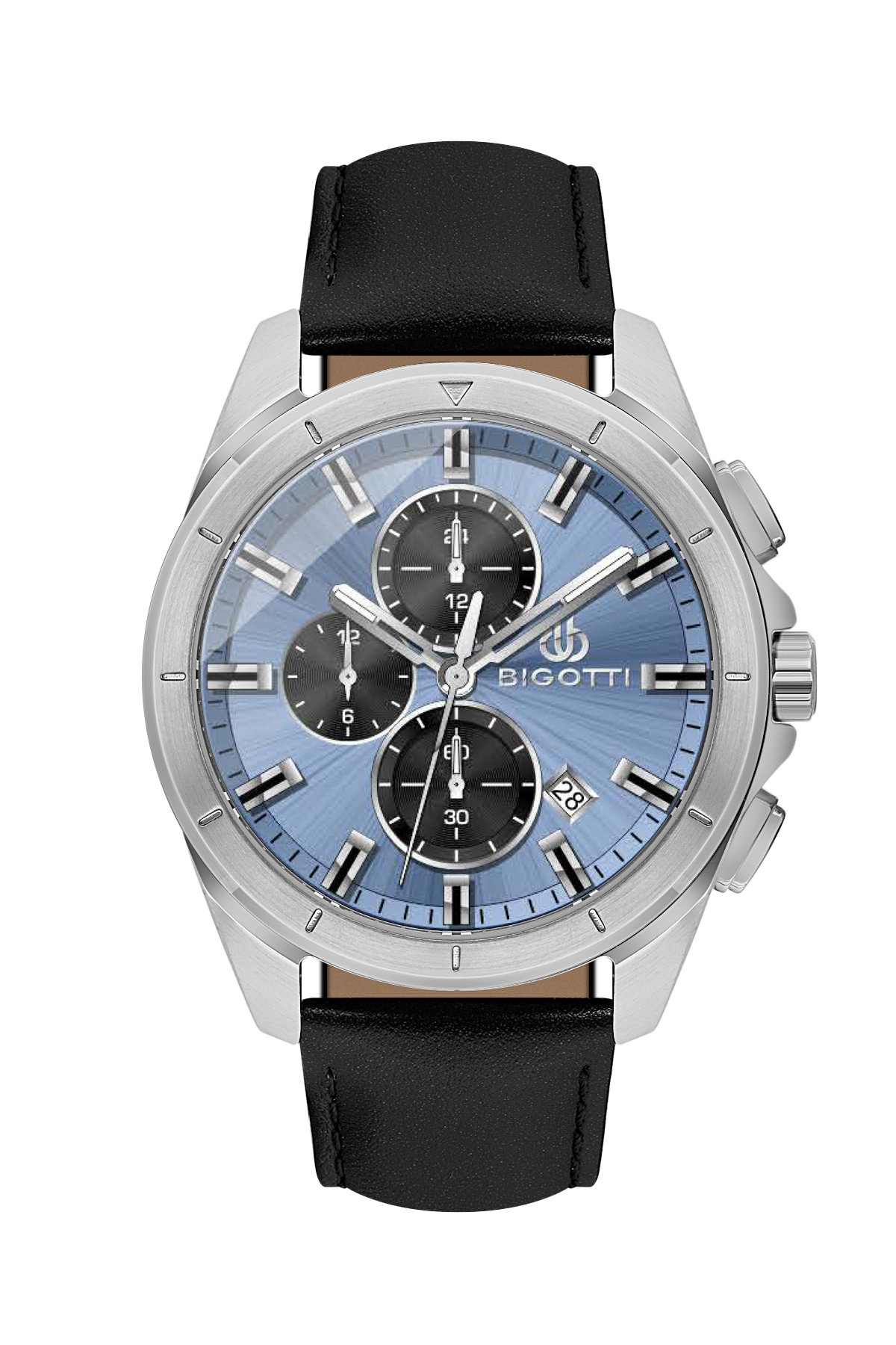 Watch with black strap and blue face on a white background