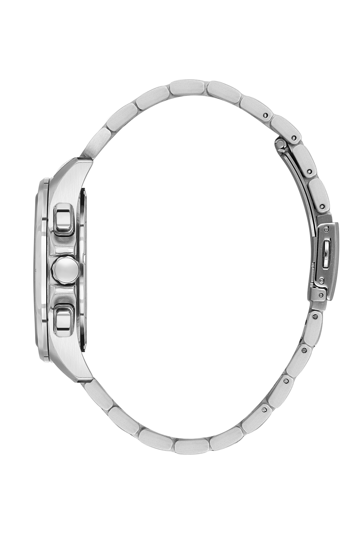 Close-up of a silver watch with a white background