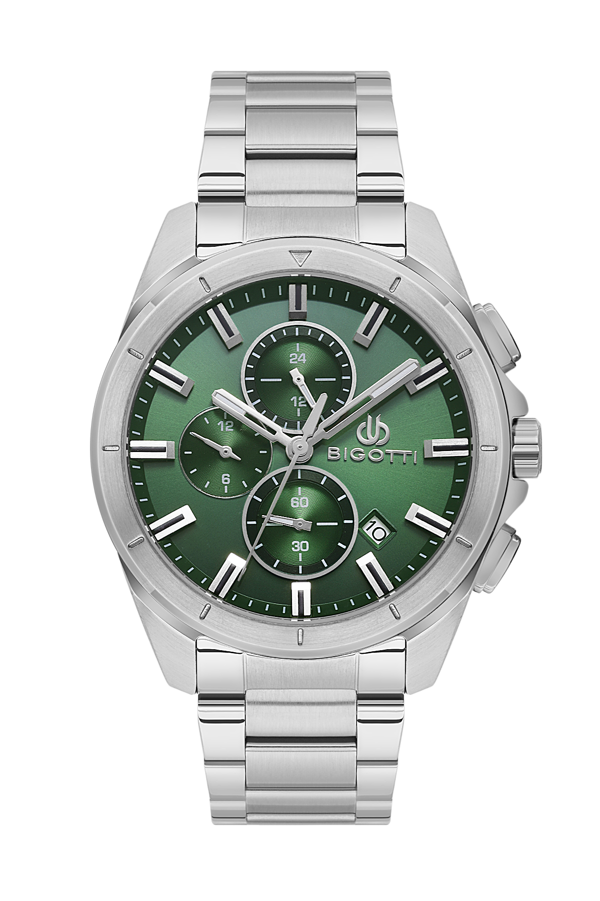 Silver watch with a green face on a white background