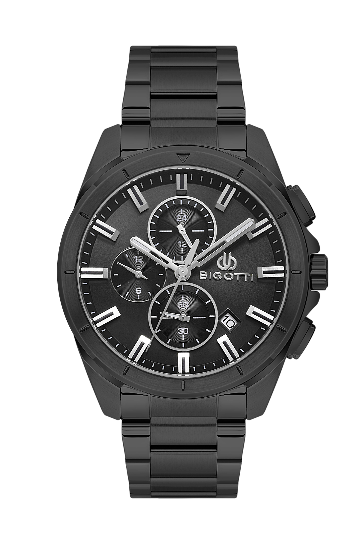 Black Bigotti watch with a detailed face on a white background