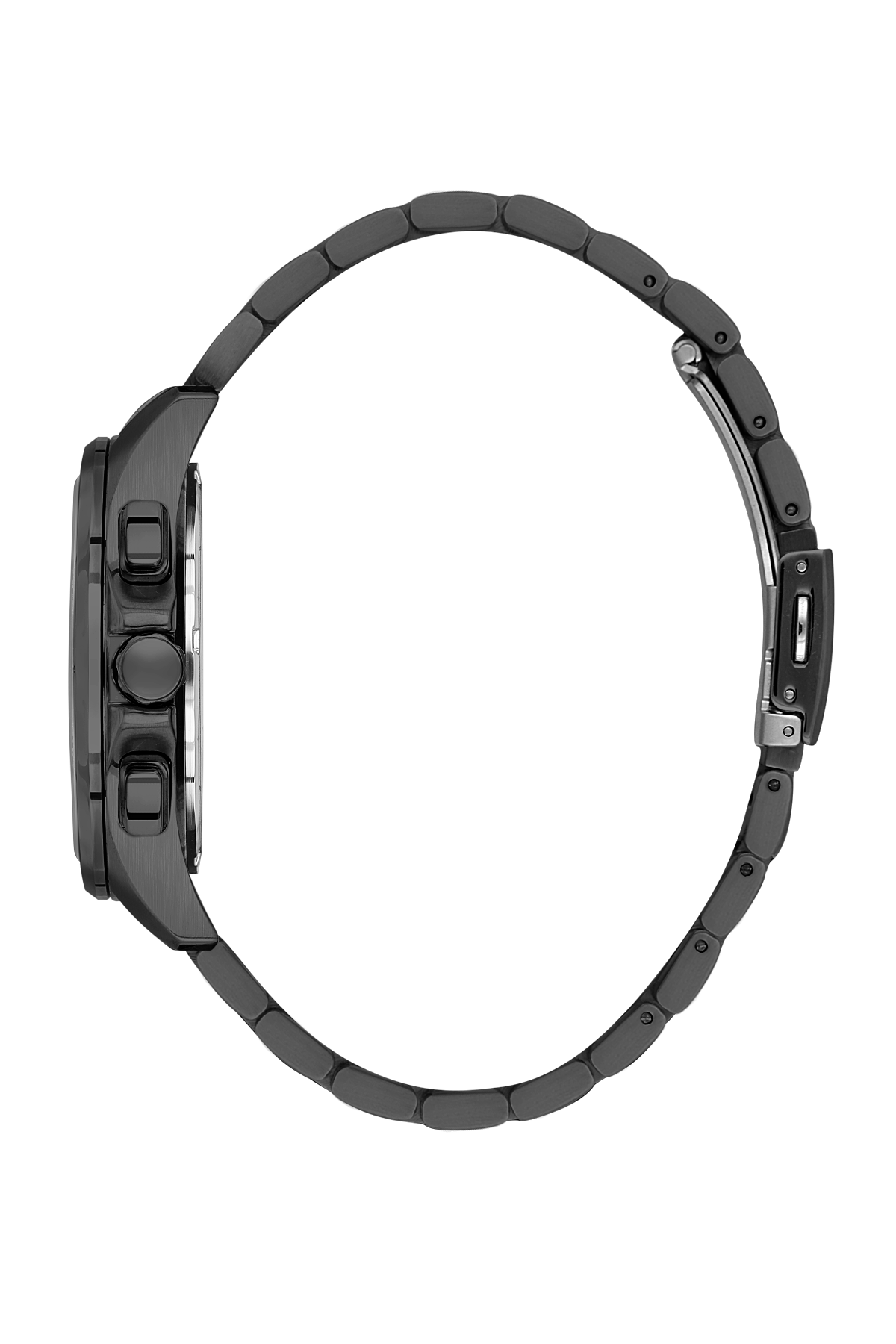 Black watch with a detailed band design on a white background