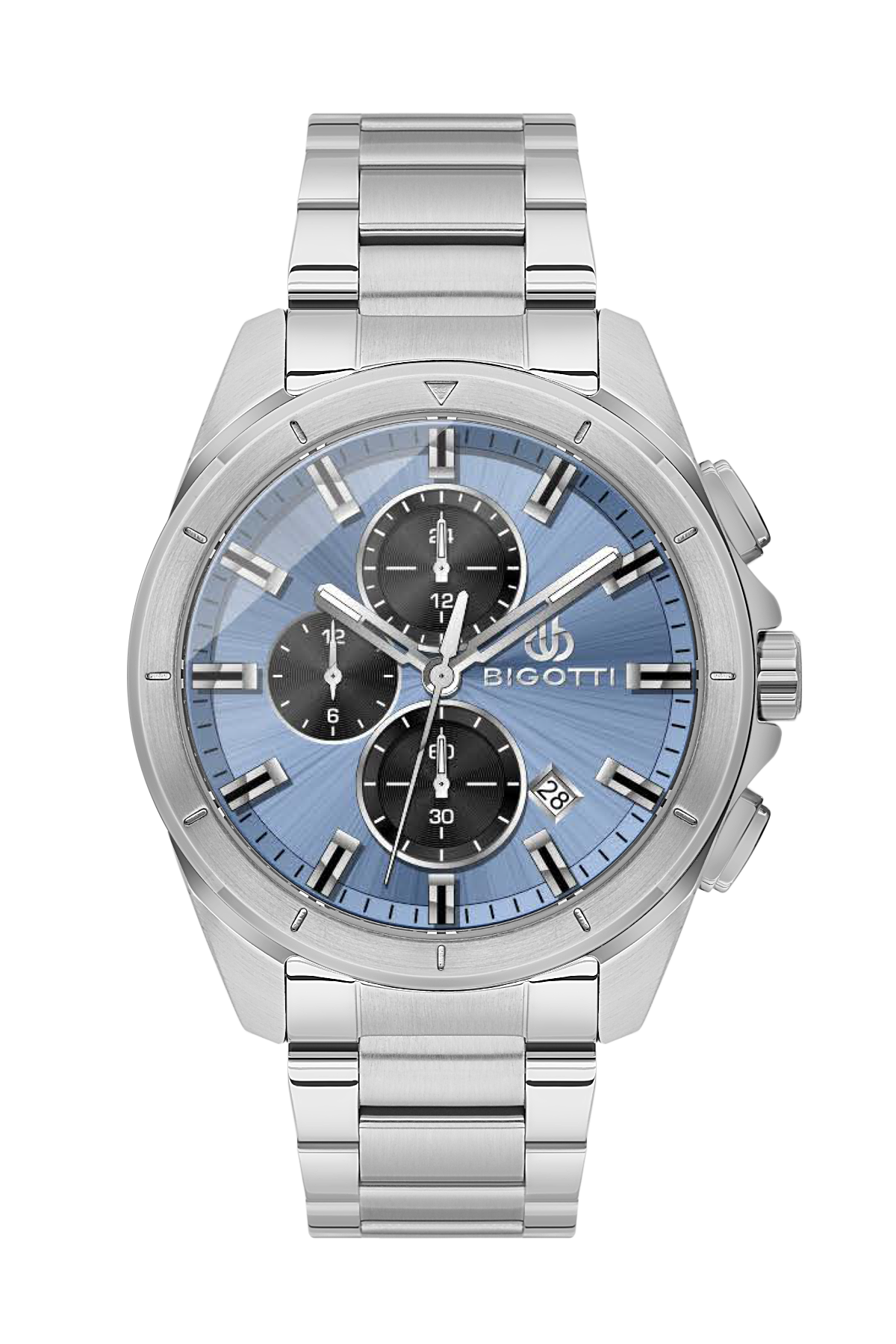Silver watch with blue face and visible brand name on a white background