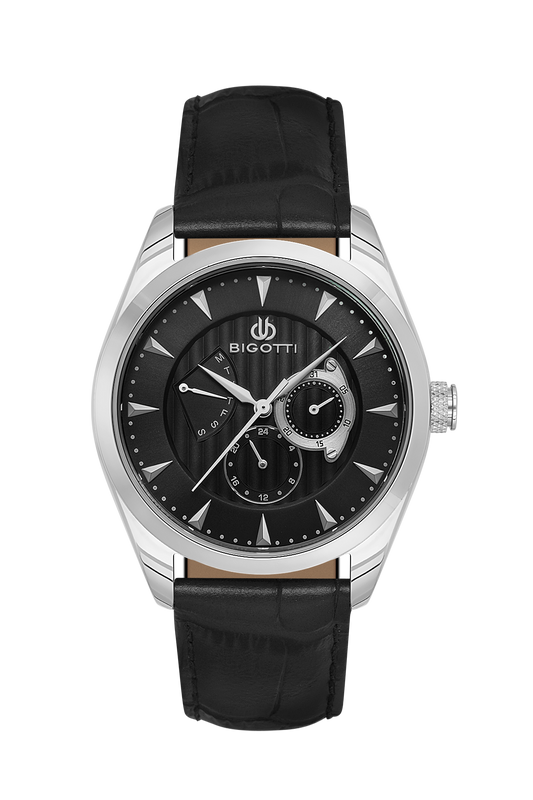 Bigotti watch with black leather strap and black dial on a white background