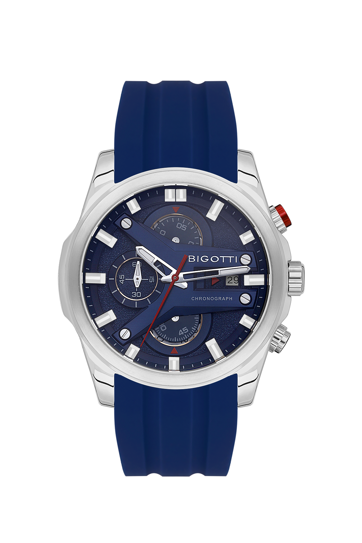 Bigotti watch with blue strap and silver case on a white background