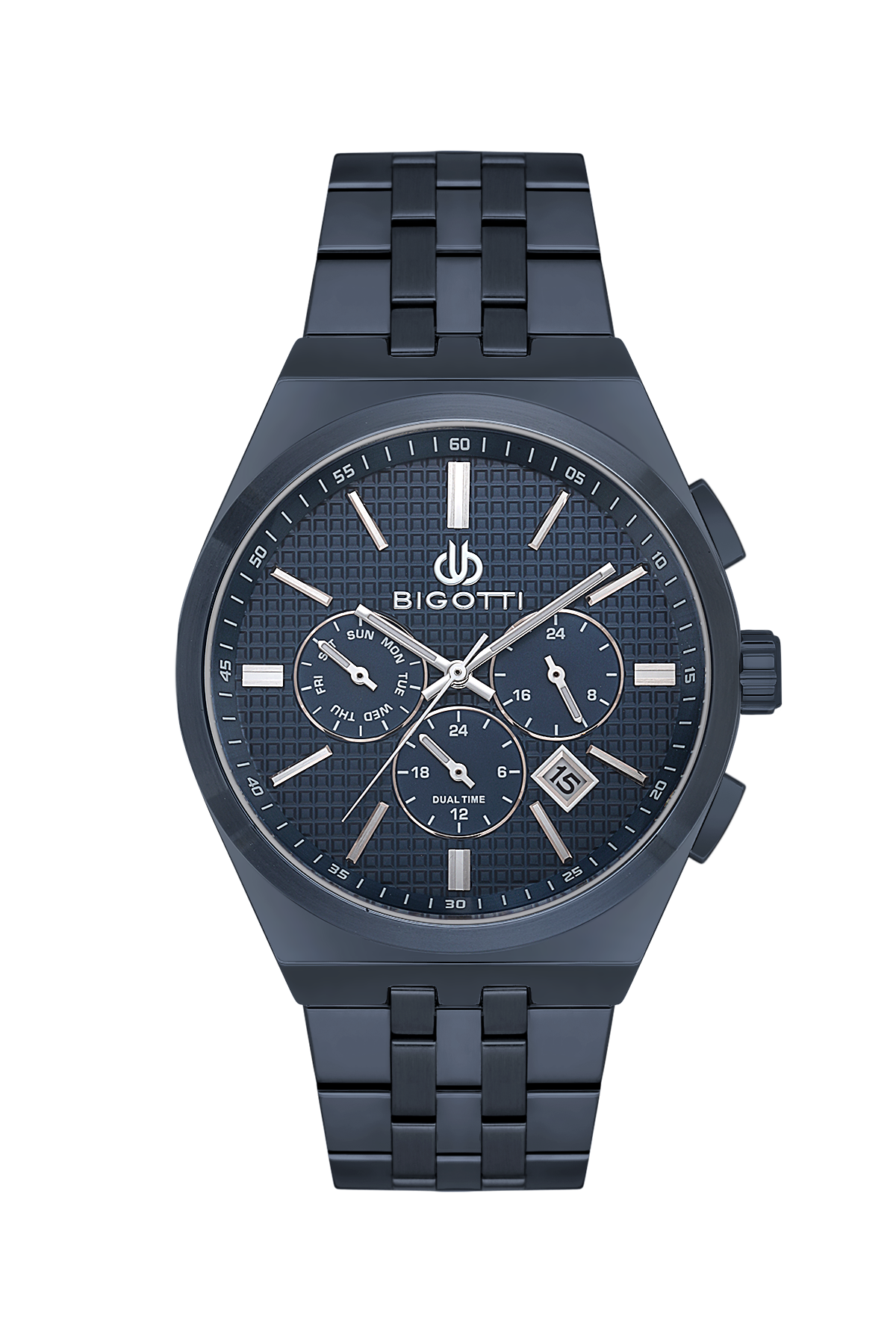 Blue wristwatch with a detailed face on a white background