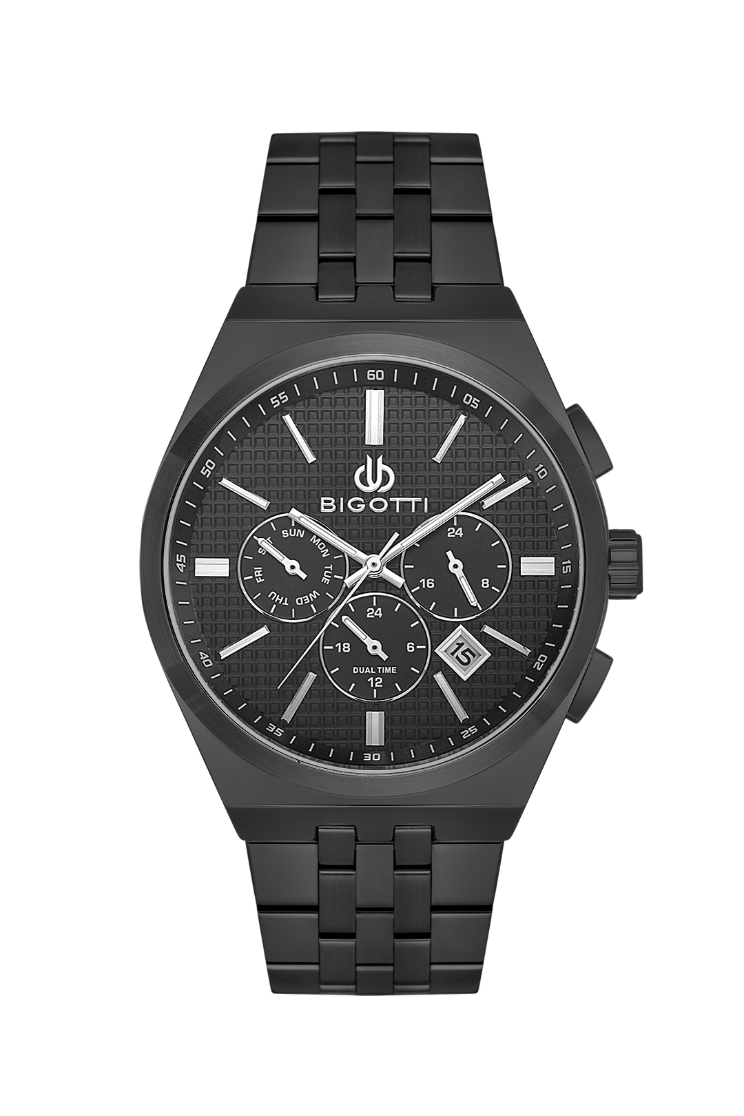 Black Bigotti watch with detailed face on a white background