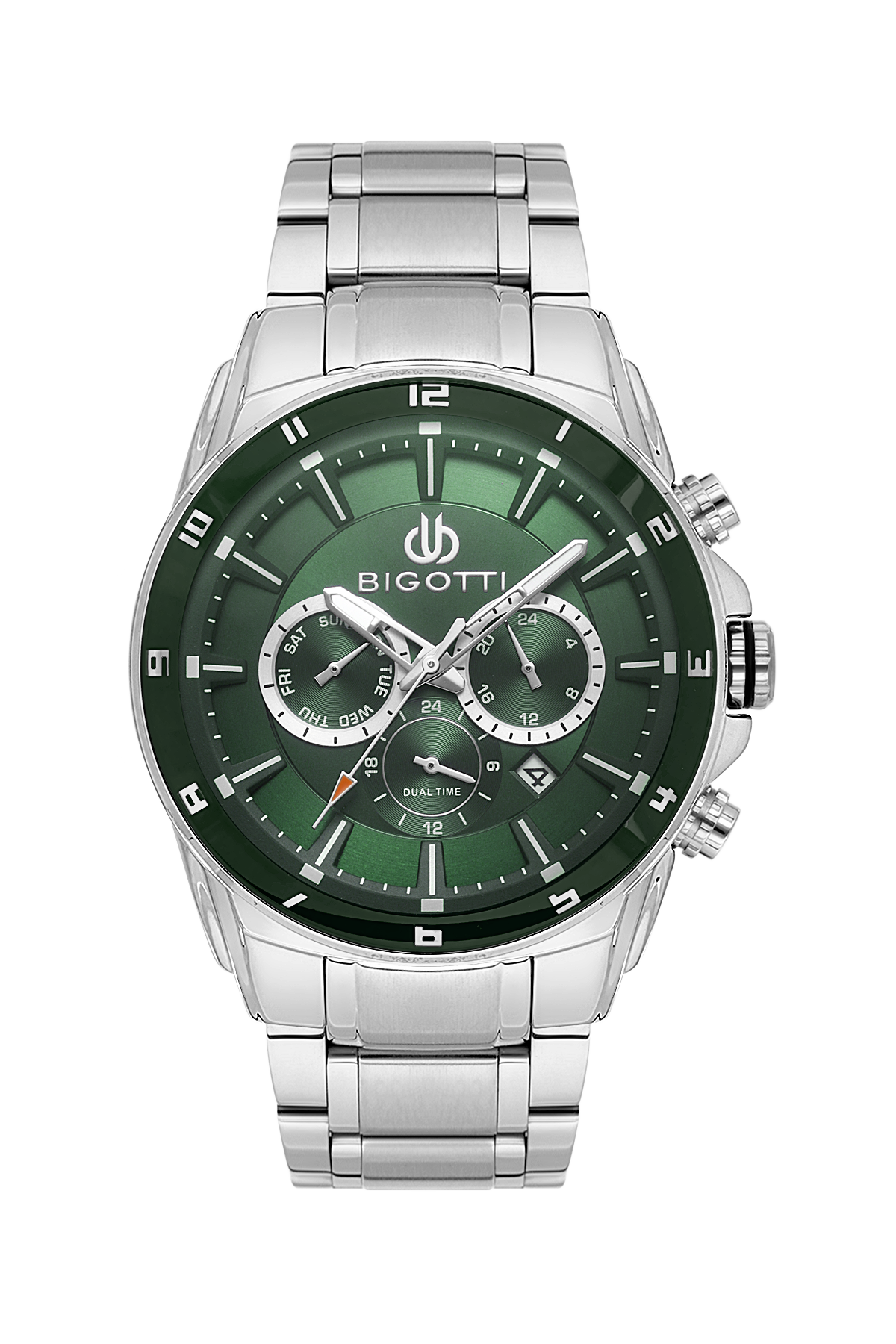 Silver watch with green dial on a white background