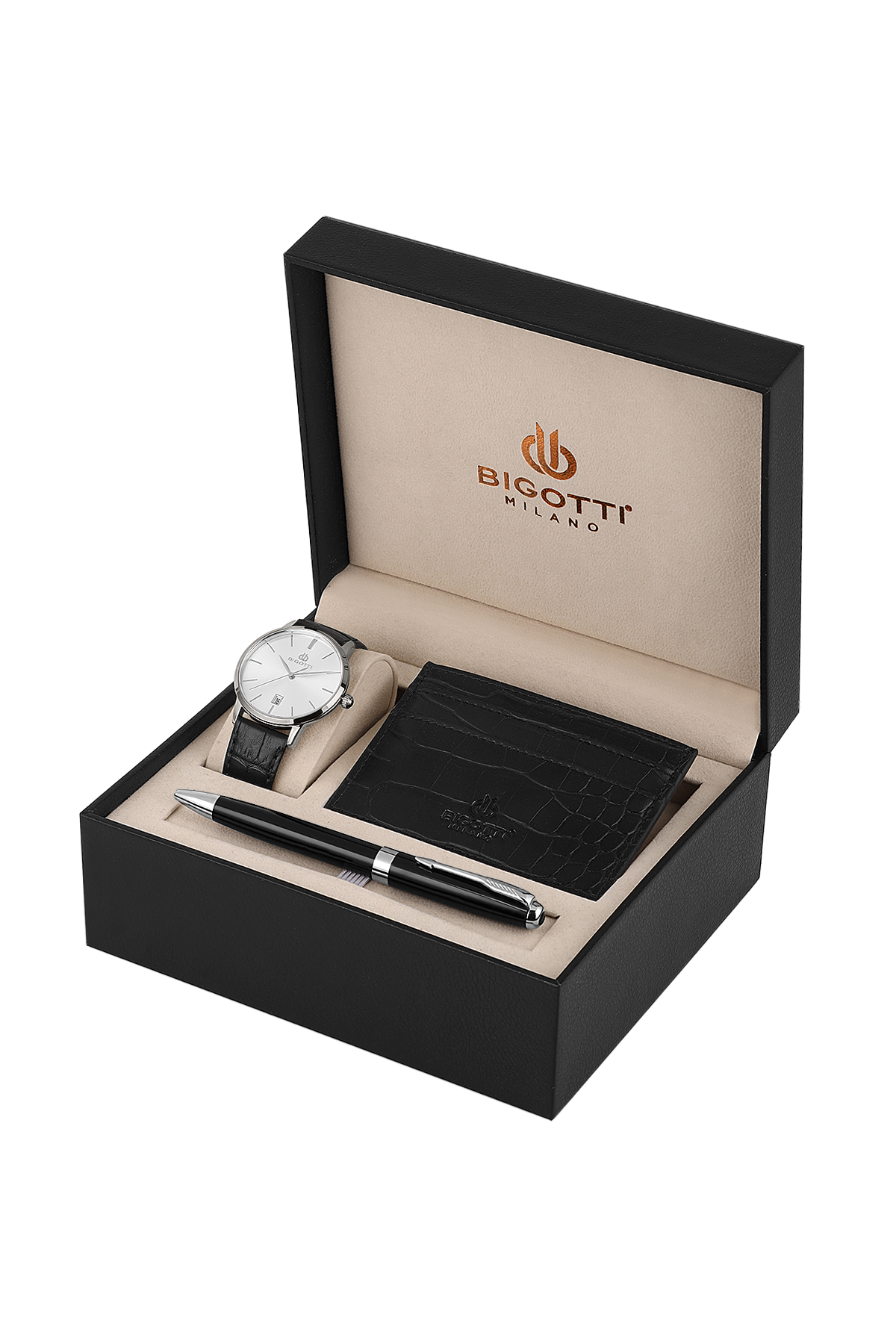 Luxury gift set with watch, pen, and wallet in a Bigotti box